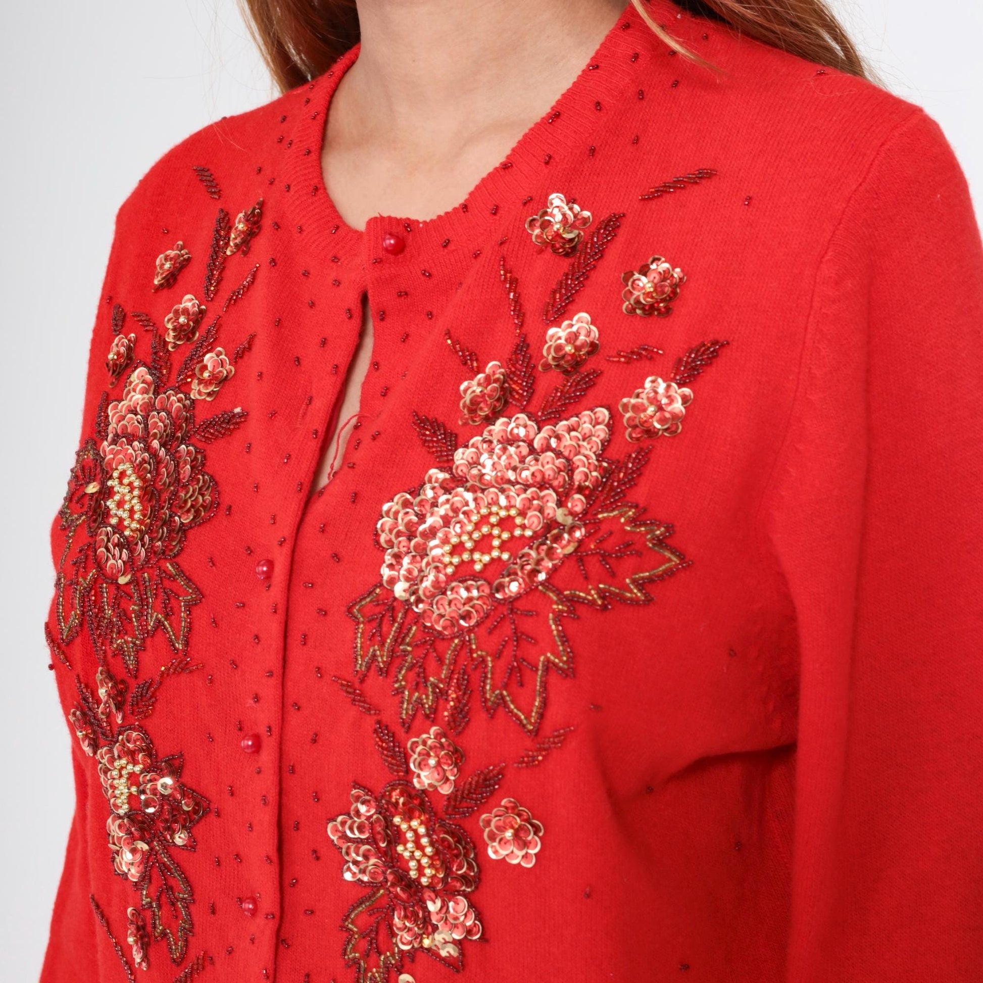 90s Red Beaded Floral Cardigan Wool Angora Blend Button Up Sequin Knitwear Large L