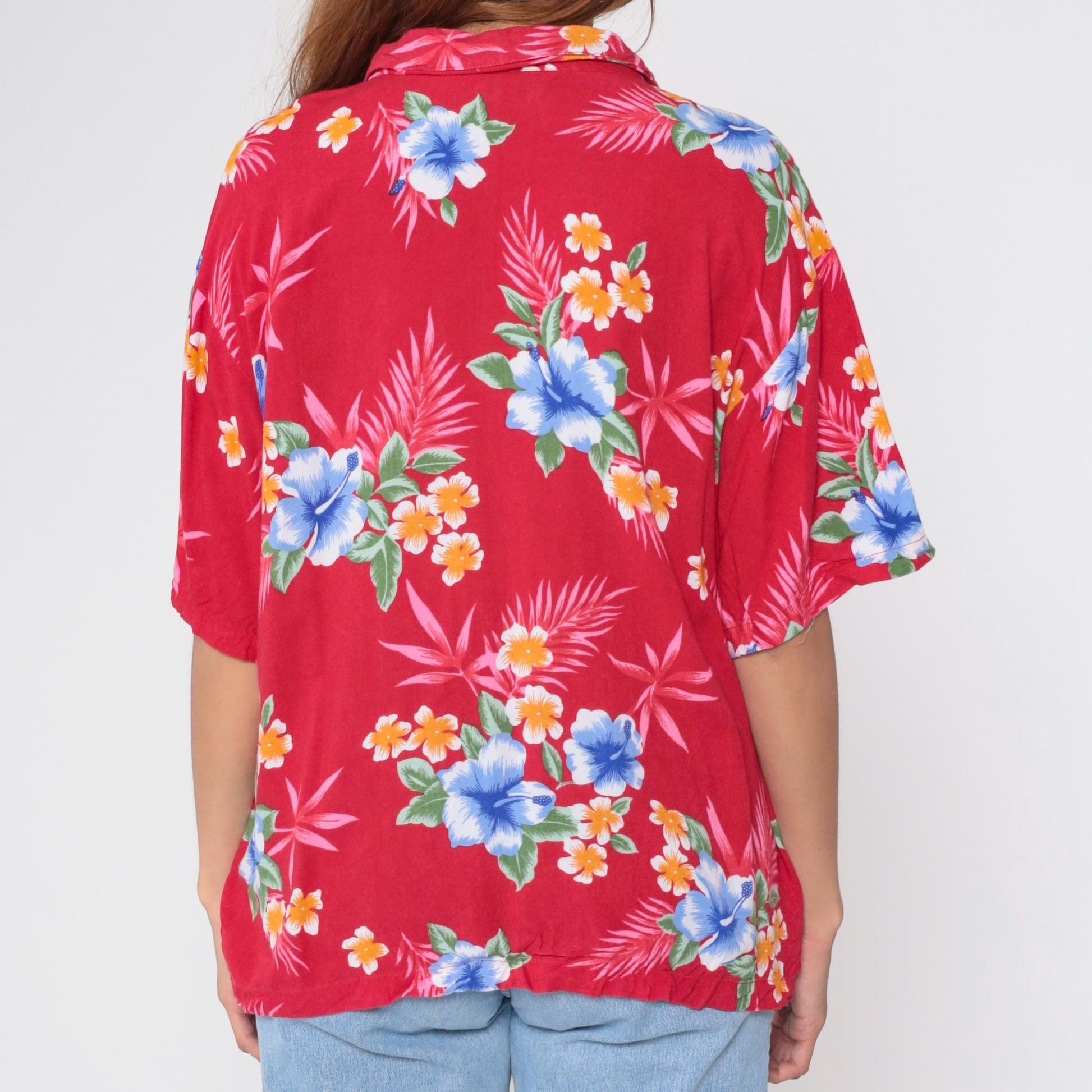 90s Red Tropical Floral Hawaiian Shirt Button-Up Rayon Blouse XL
