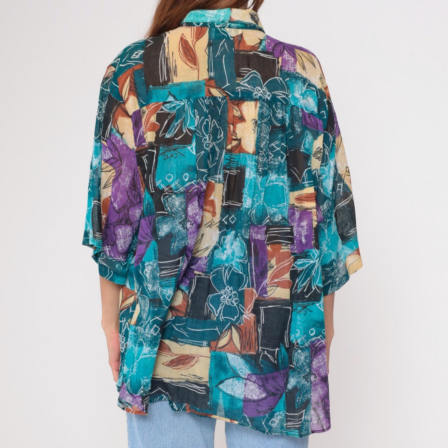 90s Joanna Abstract Watercolor Floral Button Down Blouse Teal Purple Extra Large
