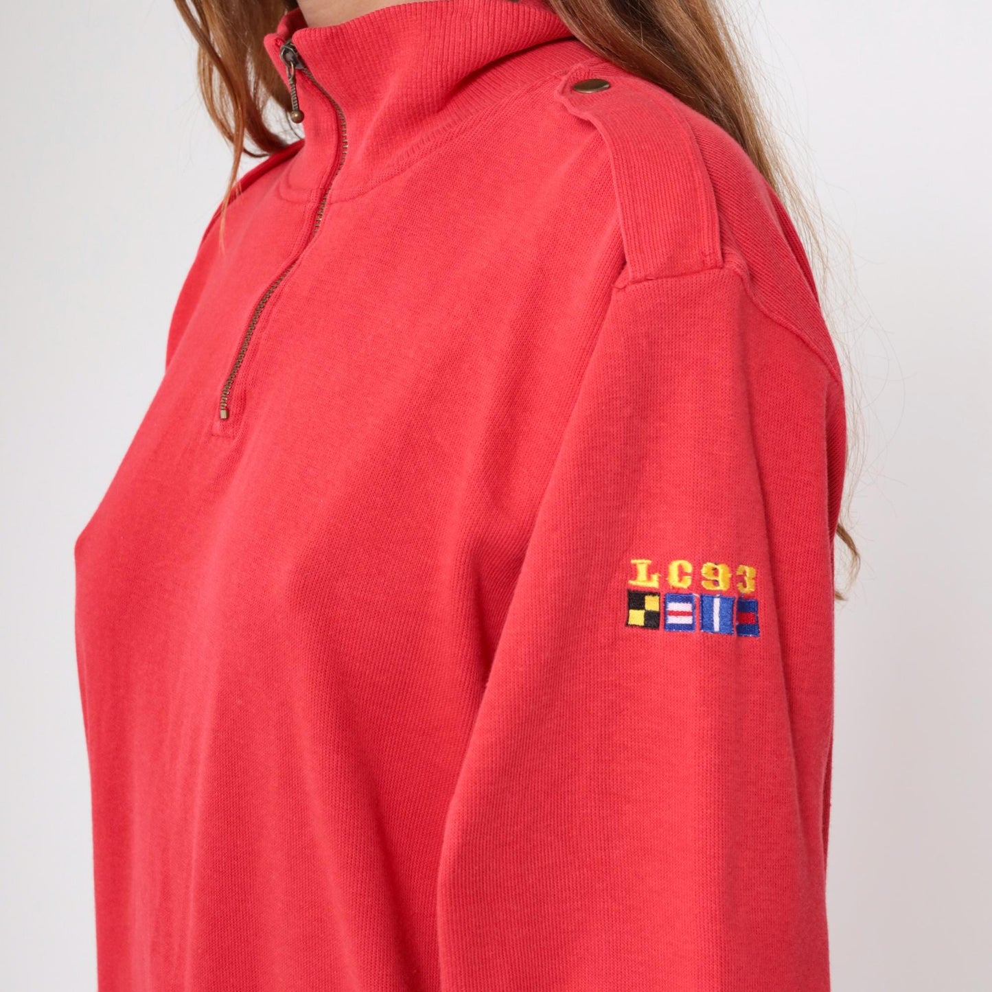 90s Liz Sport Red Quarter Zip Sweatshirt Nautical Flag Embroidery Medium M