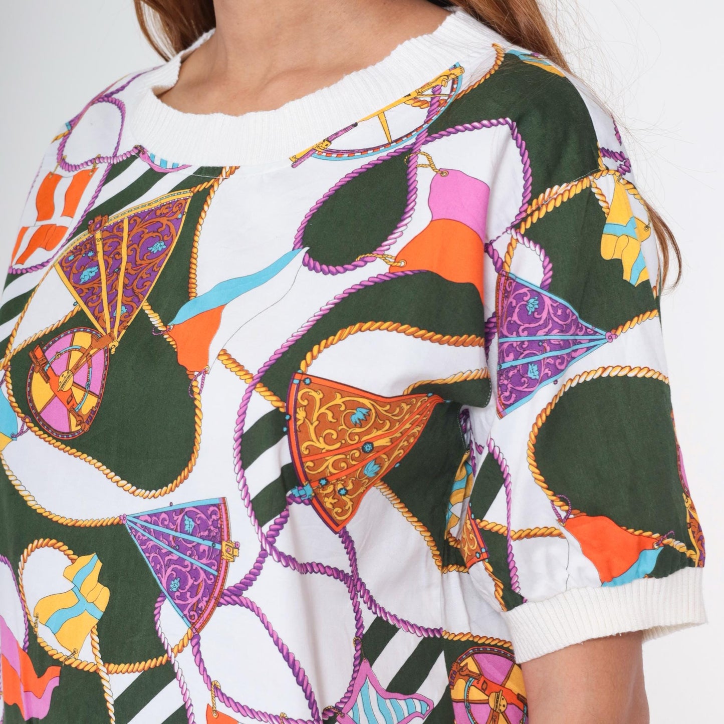 90s Boutique J&J Nautical Scarf Print Shirt Green Orange White Large L