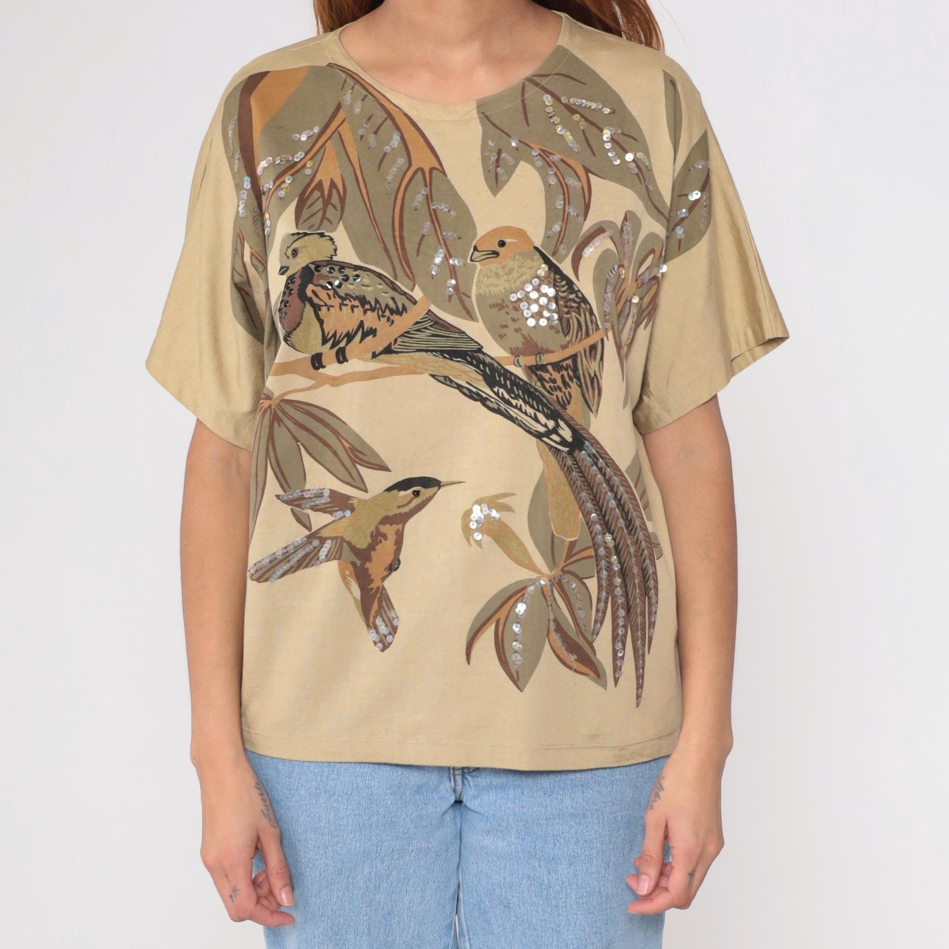 90s Tan Sequined Bird Print Boxy Tee Tropical Foliage Beaded Short Sleeve Large L