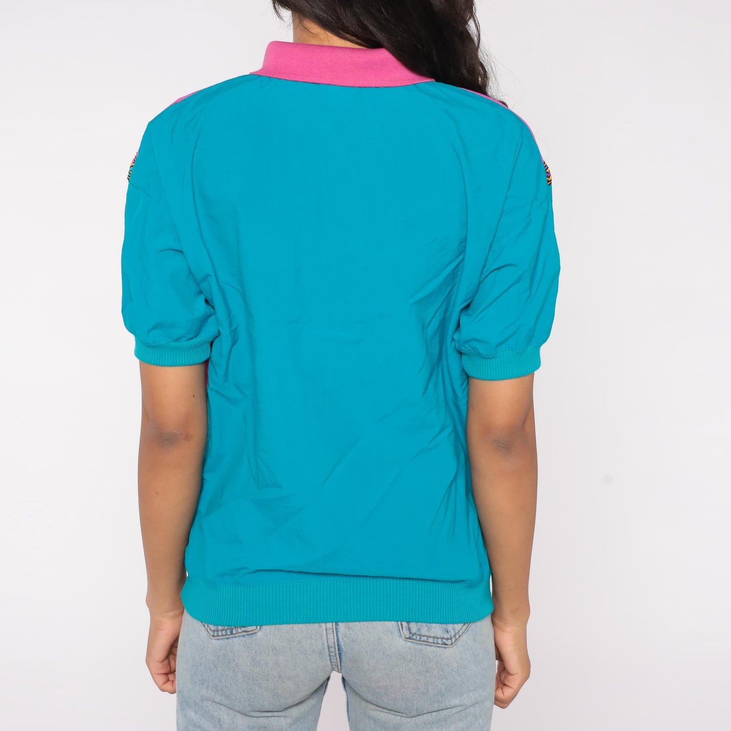 90s Lavon Color Block Polo Hot Pink Teal Nylon Short Sleeve Medium M