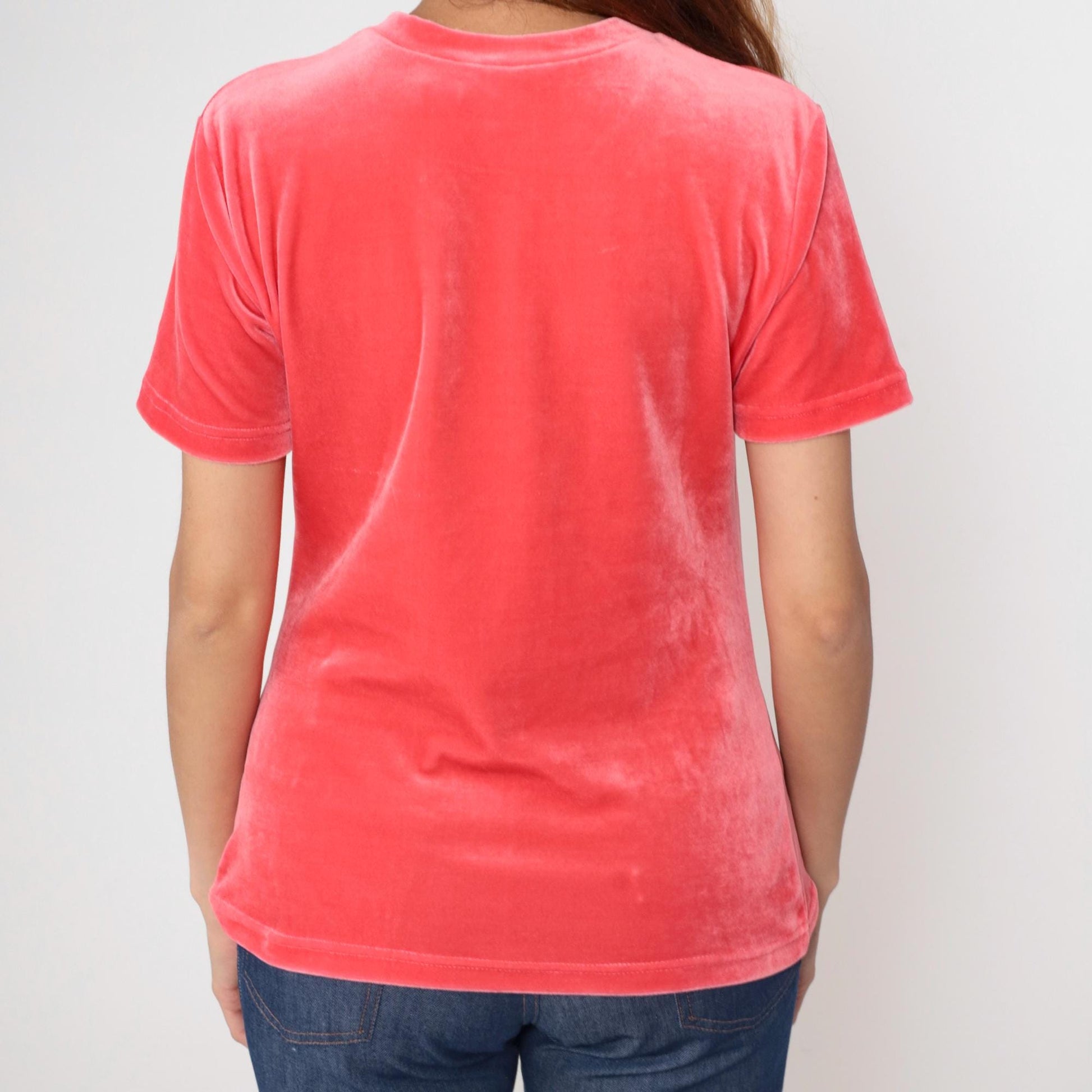 90s Coral Pink Velour V-Neck Short Sleeve Top Y2K Medium M
