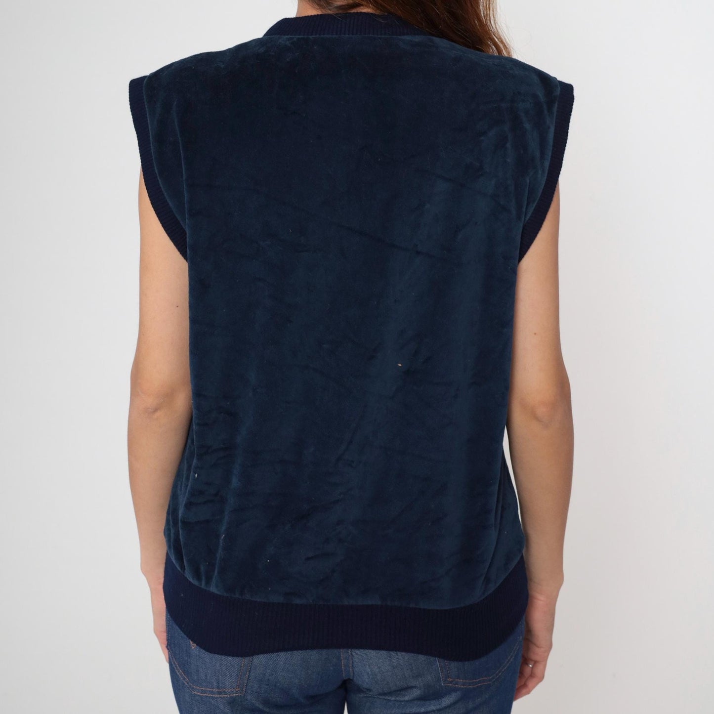 80s Navy Velvet Button Front Vest Deep V-Neck Sleeveless Large L