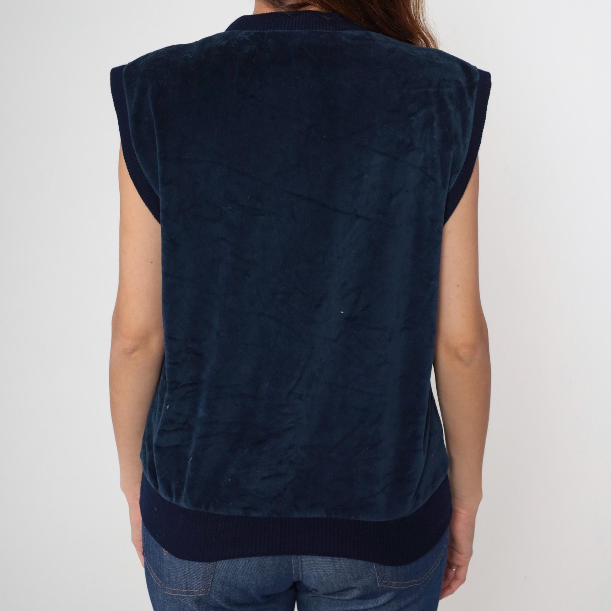 80s Navy Velvet Button Front Vest Deep V-Neck Sleeveless Large L