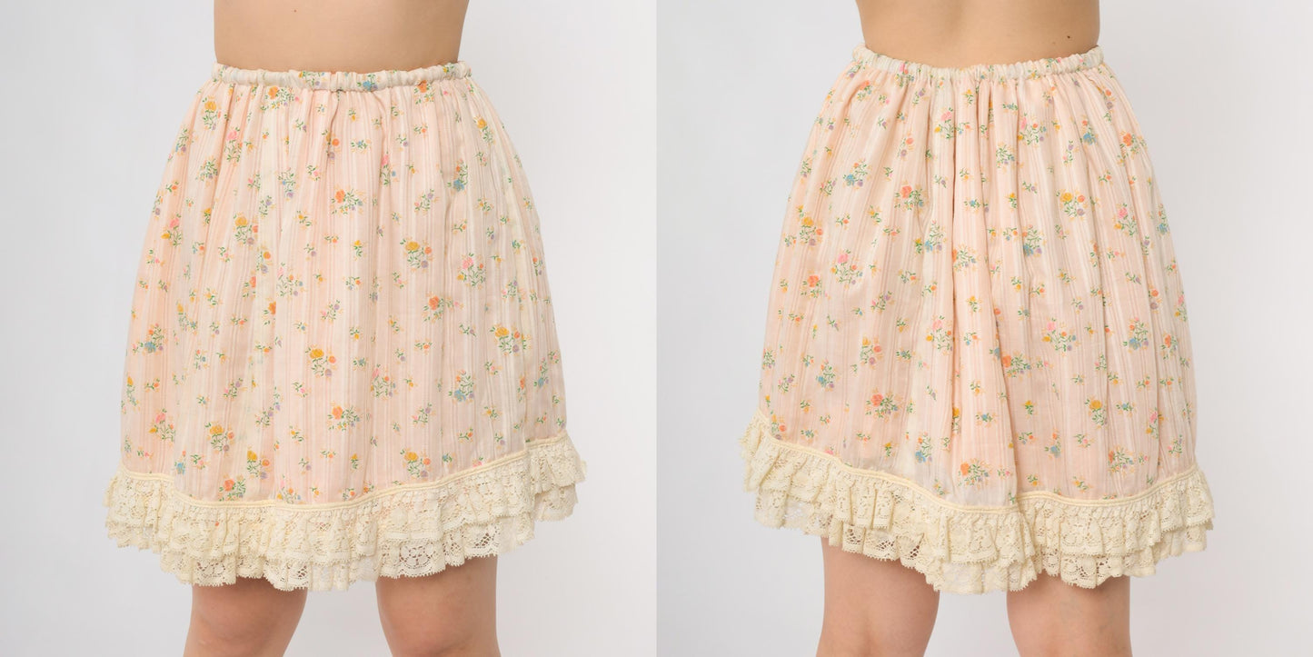 70s Pink Floral Mini Skirt Lace Hem Elastic Waist Extra Small