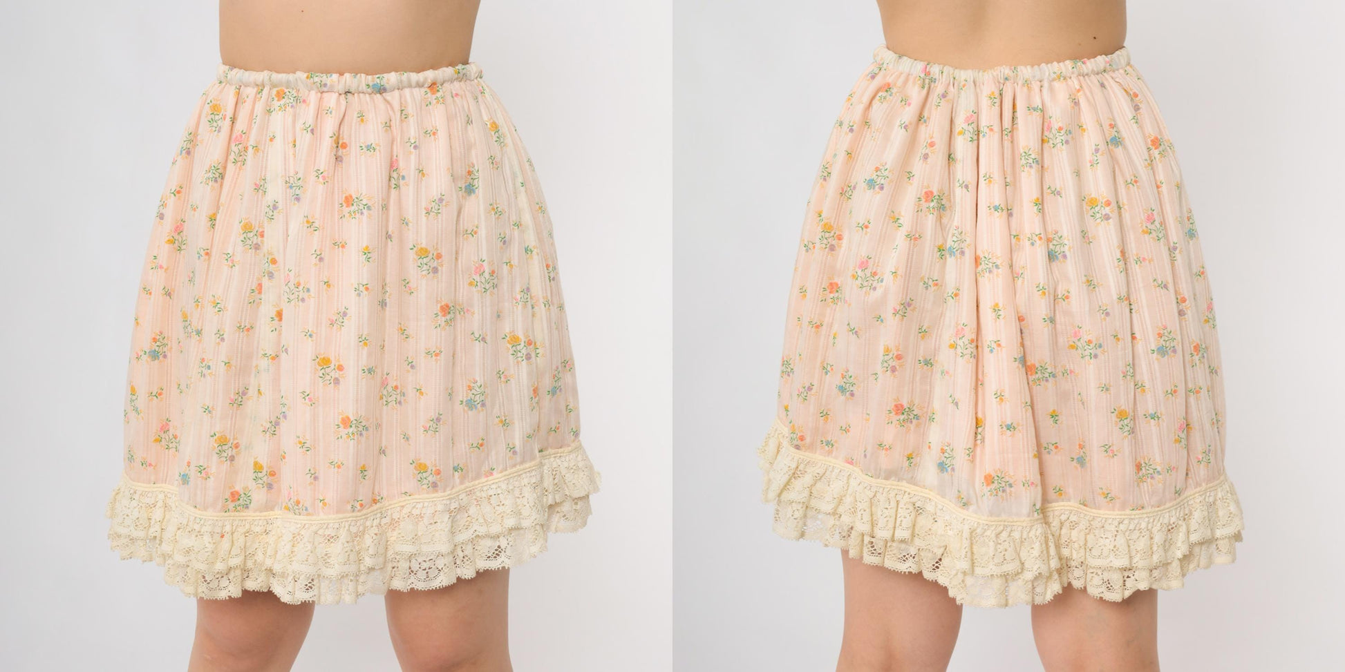 70s Pink Floral Mini Skirt Lace Hem Elastic Waist Extra Small