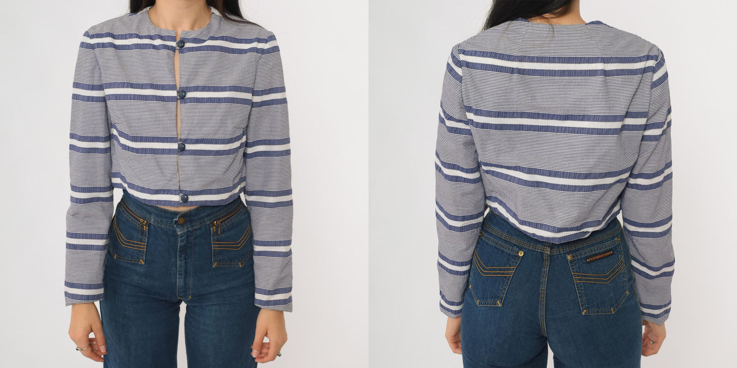 80s Gavi Striped Cropped Jacket Navy White Band Collar Size 10
