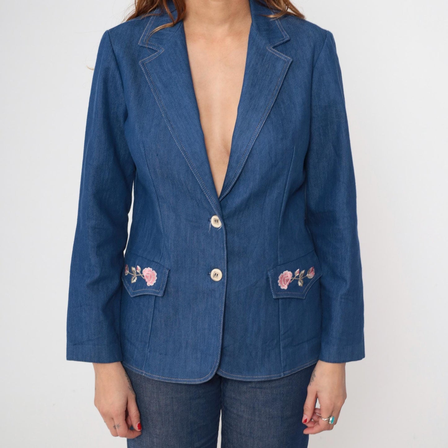 70s Embroidered Denim Blazer Pink Rose Floral Blue Jean Jacket Medium M