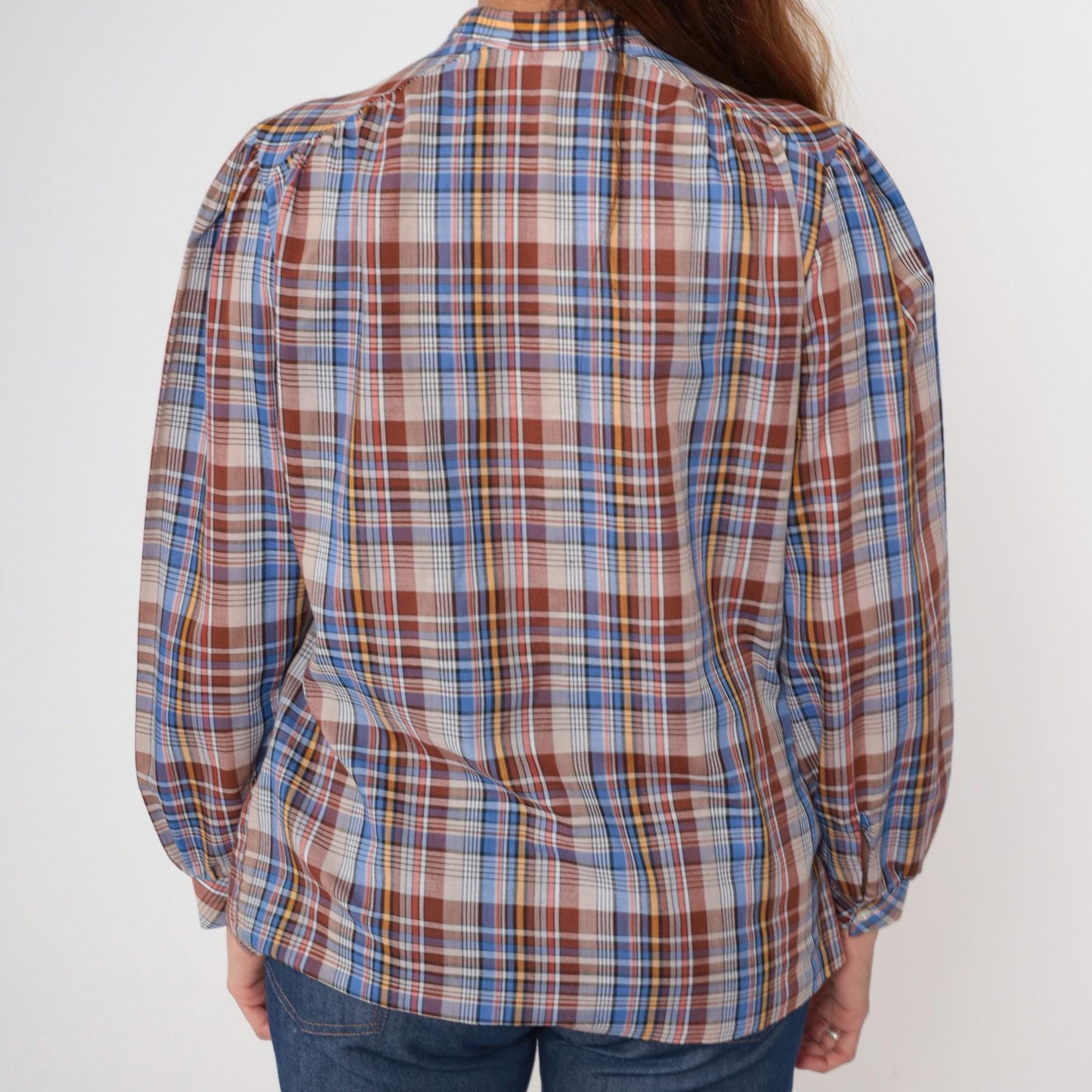 80s Plaid Blouse Mandarin Collar Puff Sleeve Brown Blue Yellow Cotton Medium M
