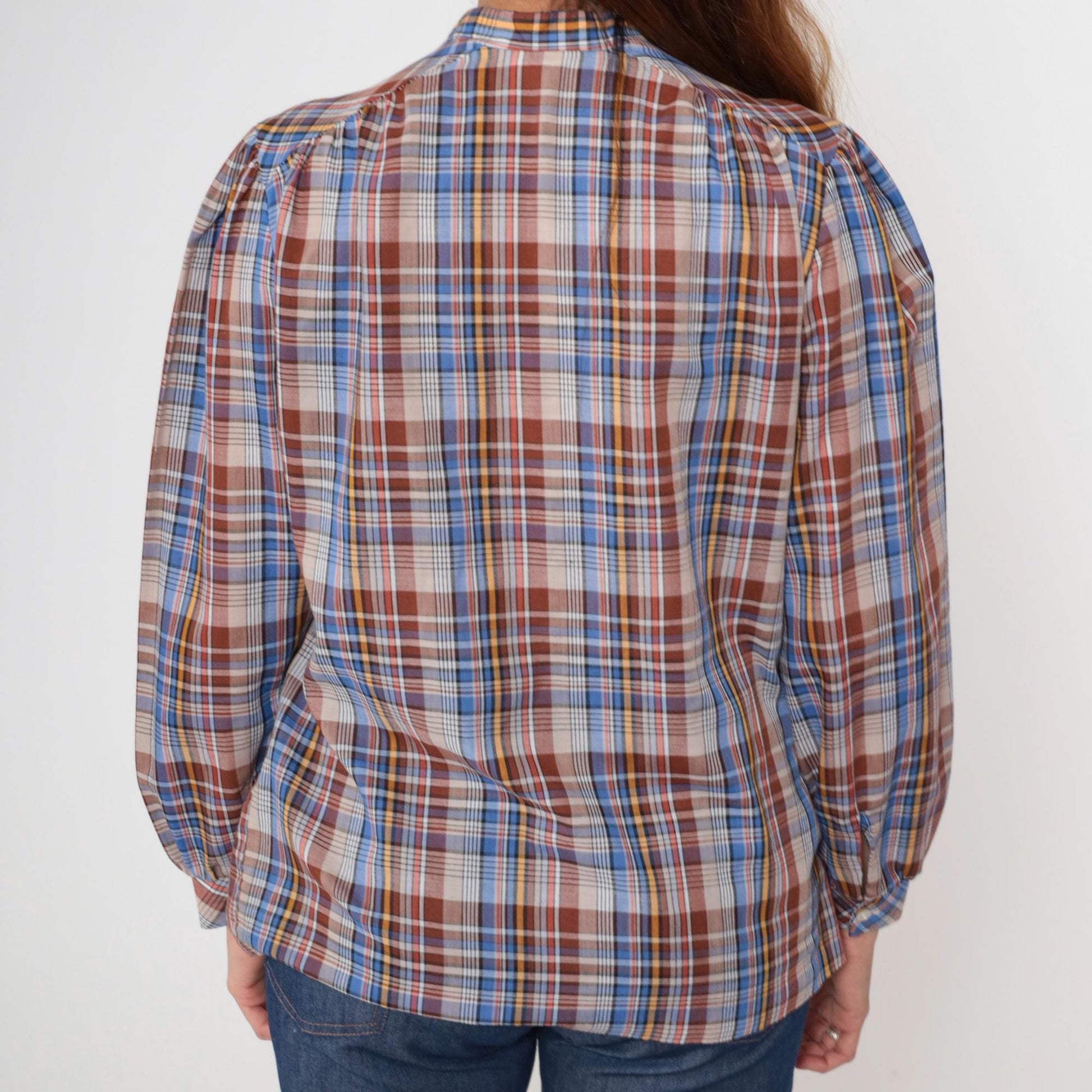 80s Plaid Blouse Mandarin Collar Puff Sleeve Brown Blue Yellow Cotton Medium M