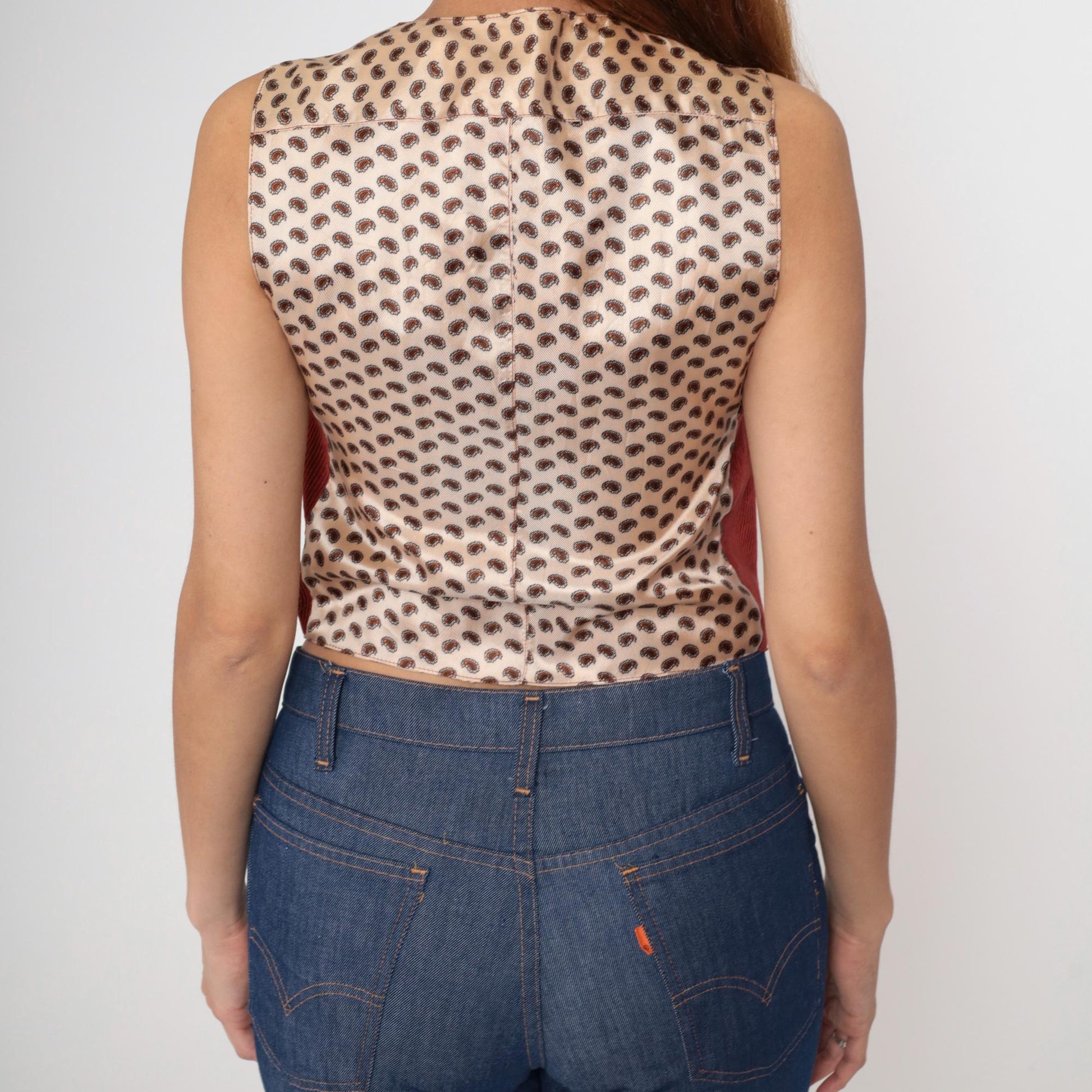80s Rust Corduroy Vest Paisley Back Deep V-Neck Button Front Medium