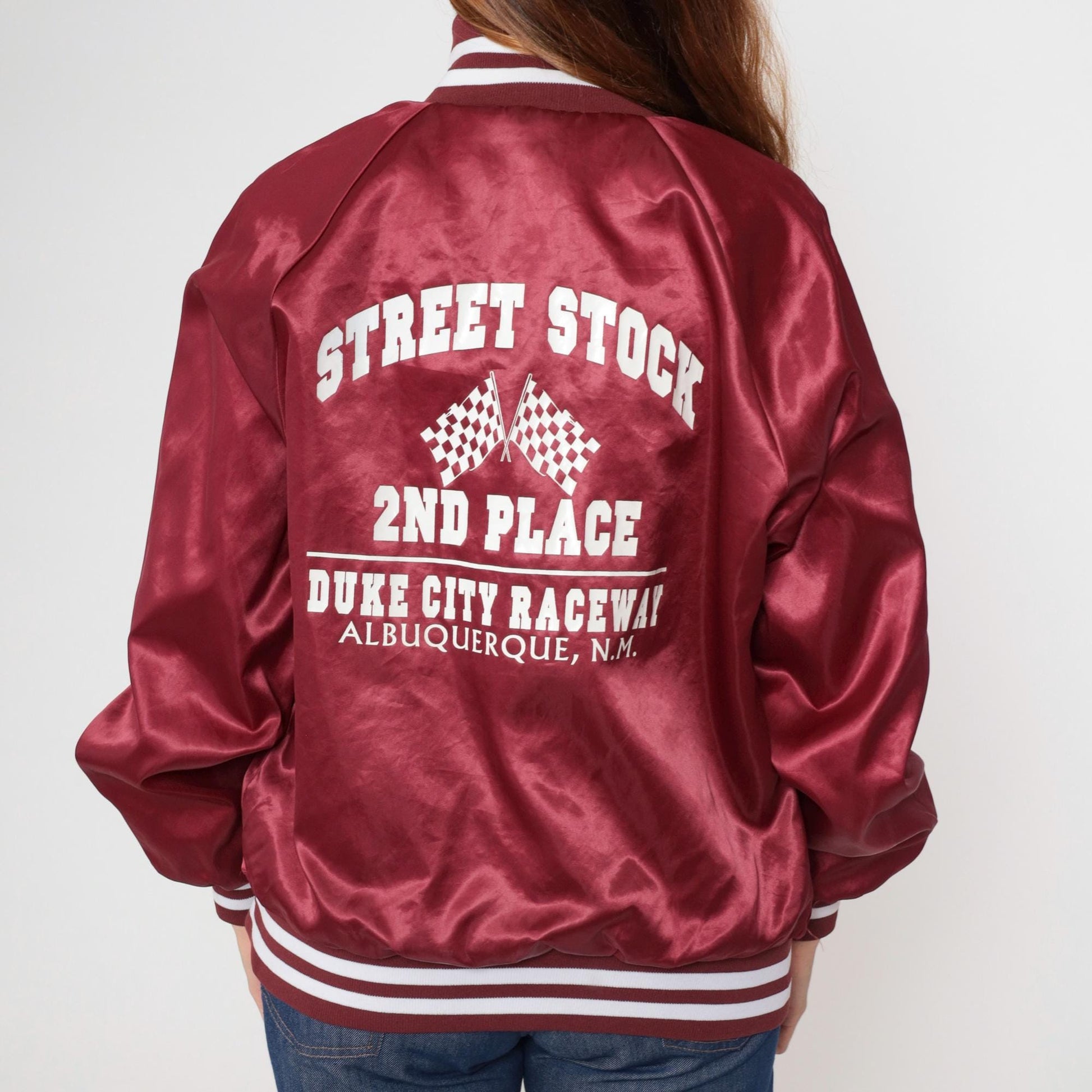 90s Duke City Raceway Maroon Satin Bomber Jacket Embroidered Racing Medium