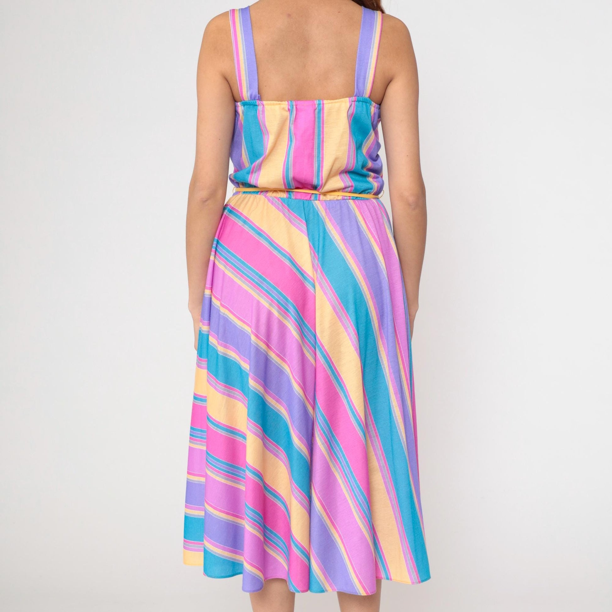 80s Pastel Rainbow Stripe Midi Sundress Square Neck Spaghetti Strap Small