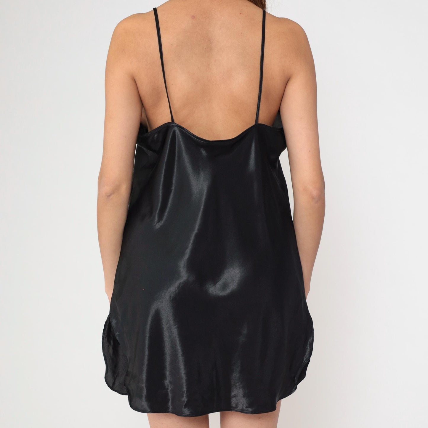 90s Black Satin Slip Dress Lace Trim V-Neck Spaghetti Strap Mini Large L