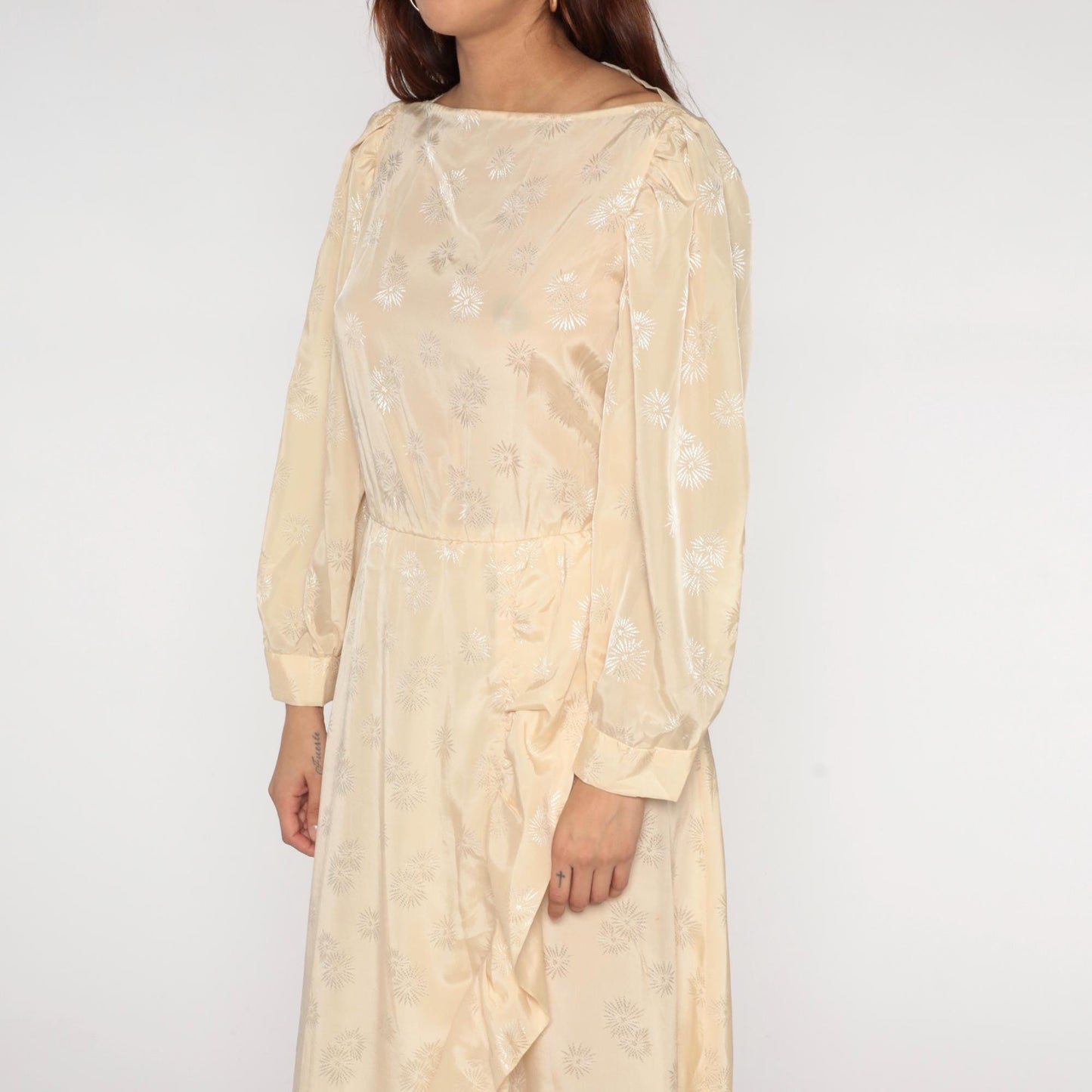 70s Cream Satin Maxi Dress Embroidered Ruffle Slit Bishop Sleeves Small