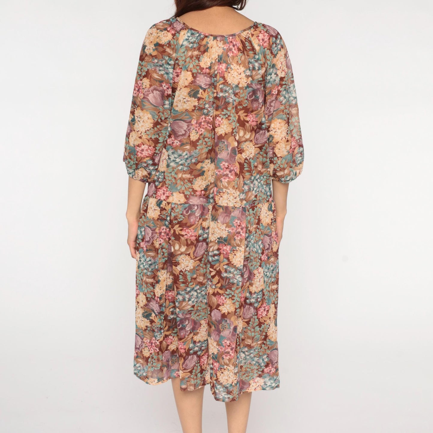 1970s Brown Floral Midi Dress Bishop Sleeve Earth Tone Mauve Teal Large