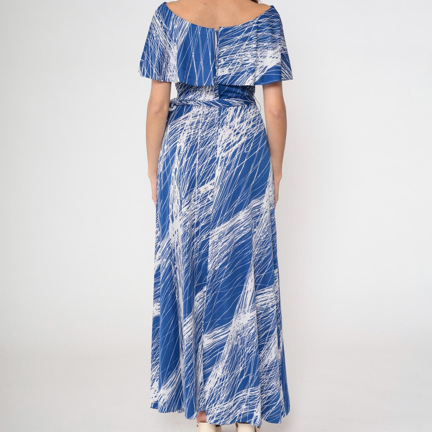 70s Mary Martin Maxi Dress Blue White Brushstroke Capelet Boat Neck Medium