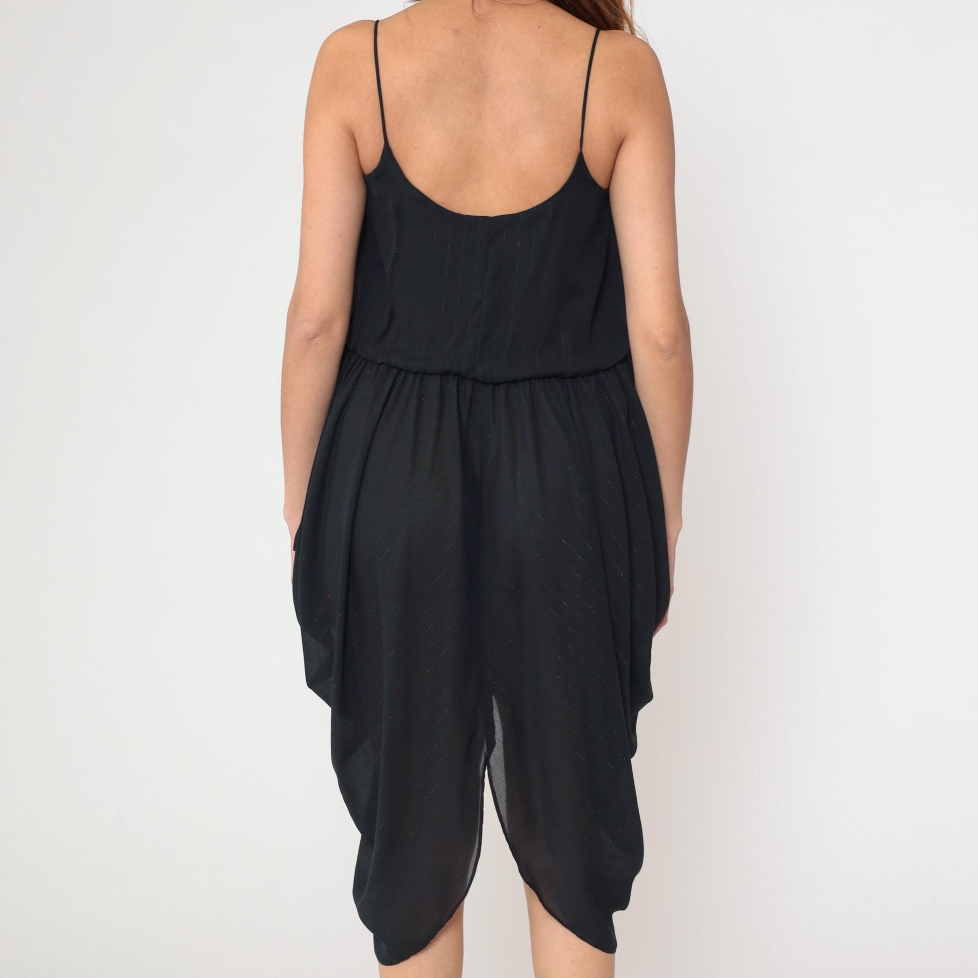 80s Entourage Black Cowl Neck Midi Dress Spaghetti Strap Handkerchief Hem Small