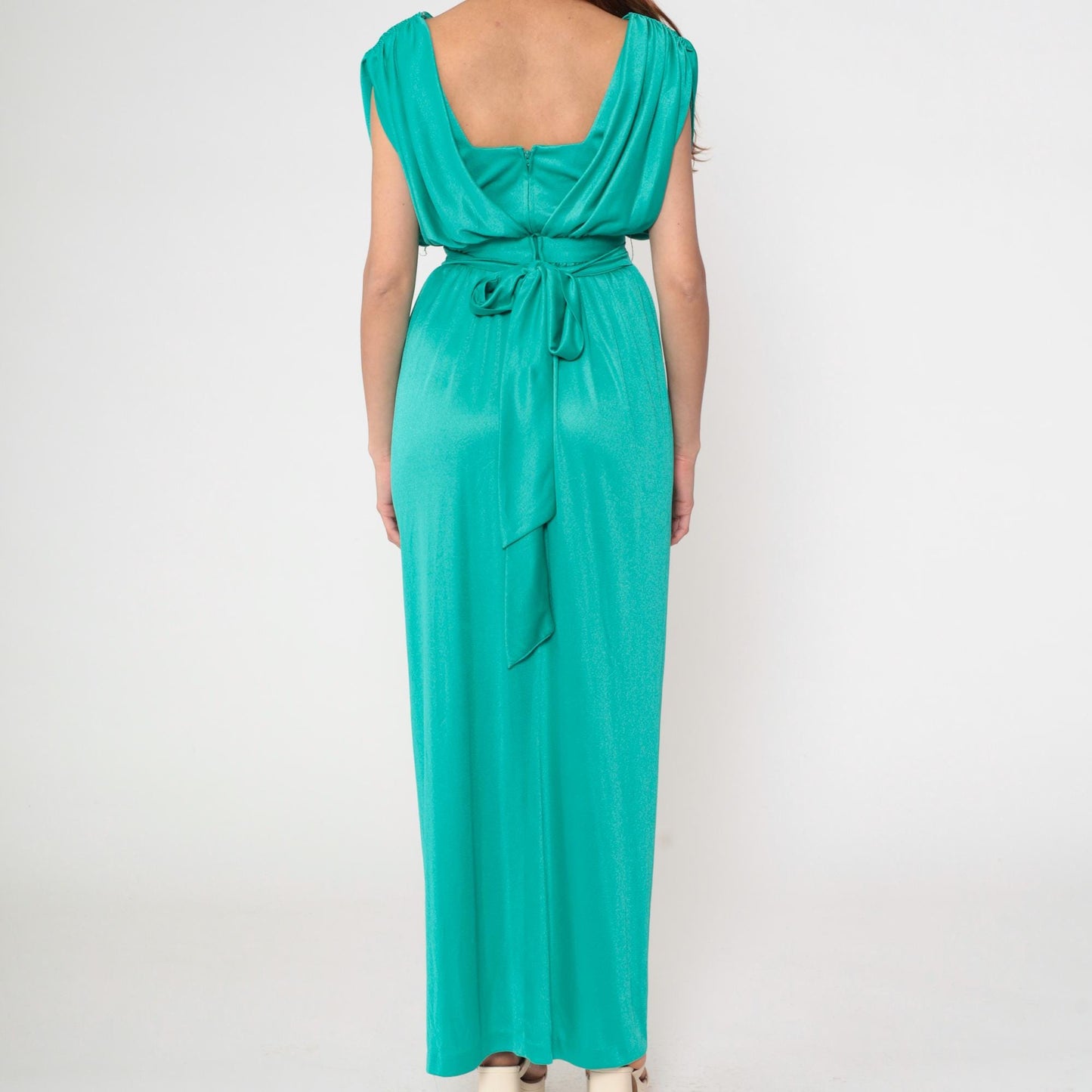 70s Mary Martin Teal Maxi Dress Rhinestone Buckle Square Neck Draped Slit Medium M