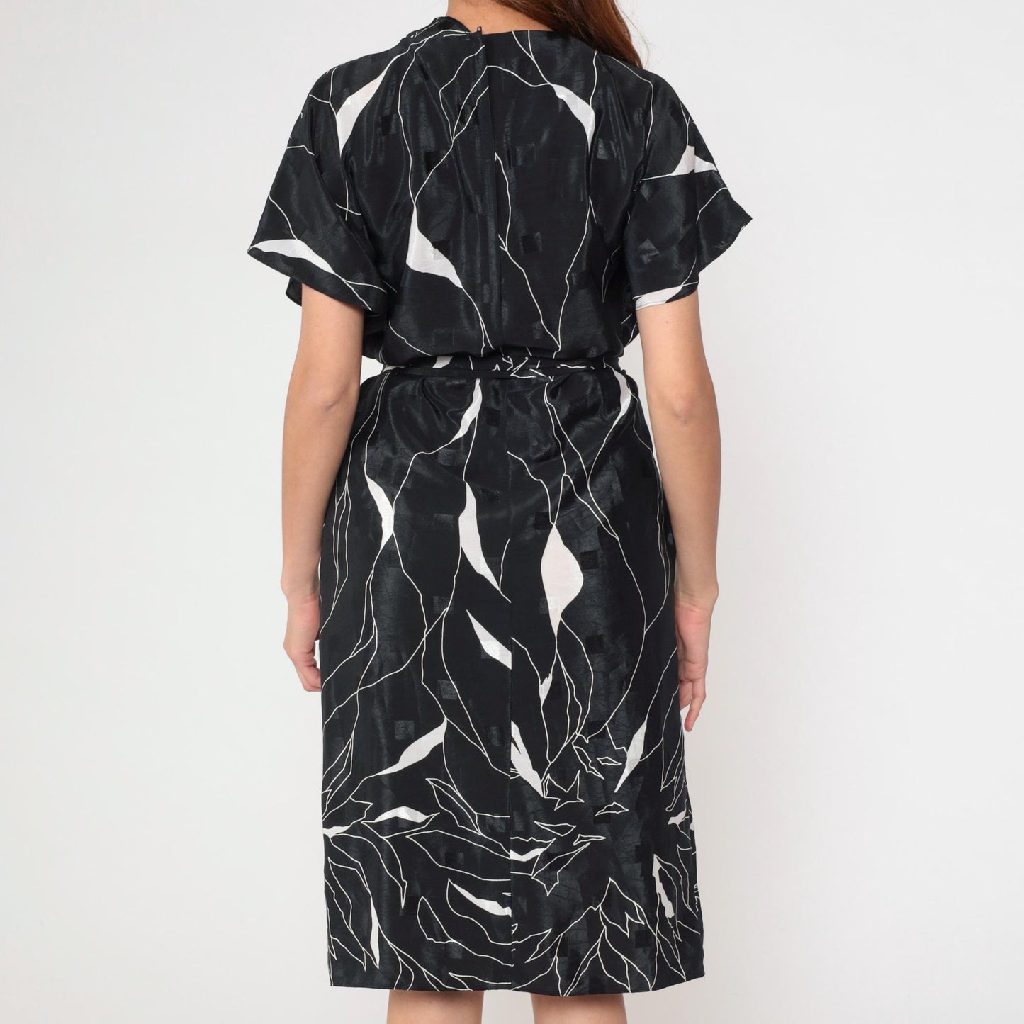 80s Brenner Petites Geometric Midi Dress Black White Abstract Print Belted Medium