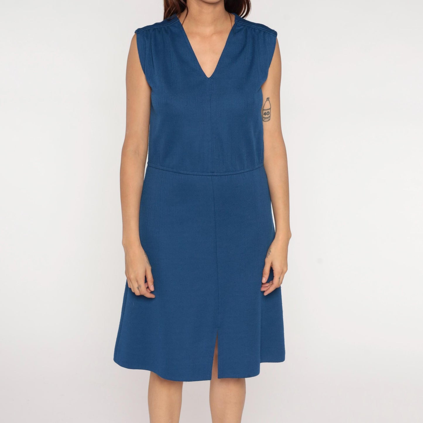 70s Royal Blue A-Line Dress Sleeveless V-Neck Front Slit Medium