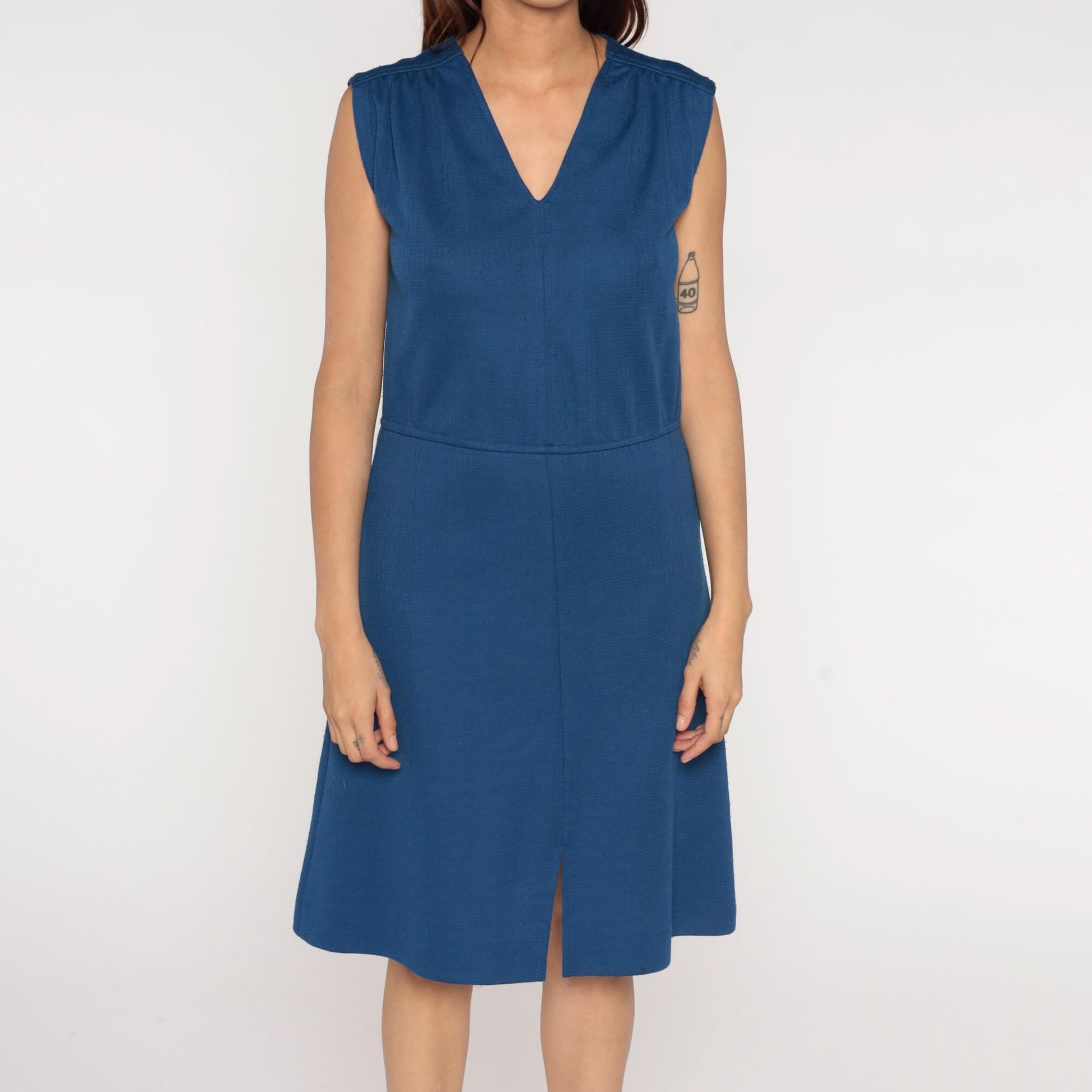 70s Royal Blue A-Line Dress Sleeveless V-Neck Front Slit Medium