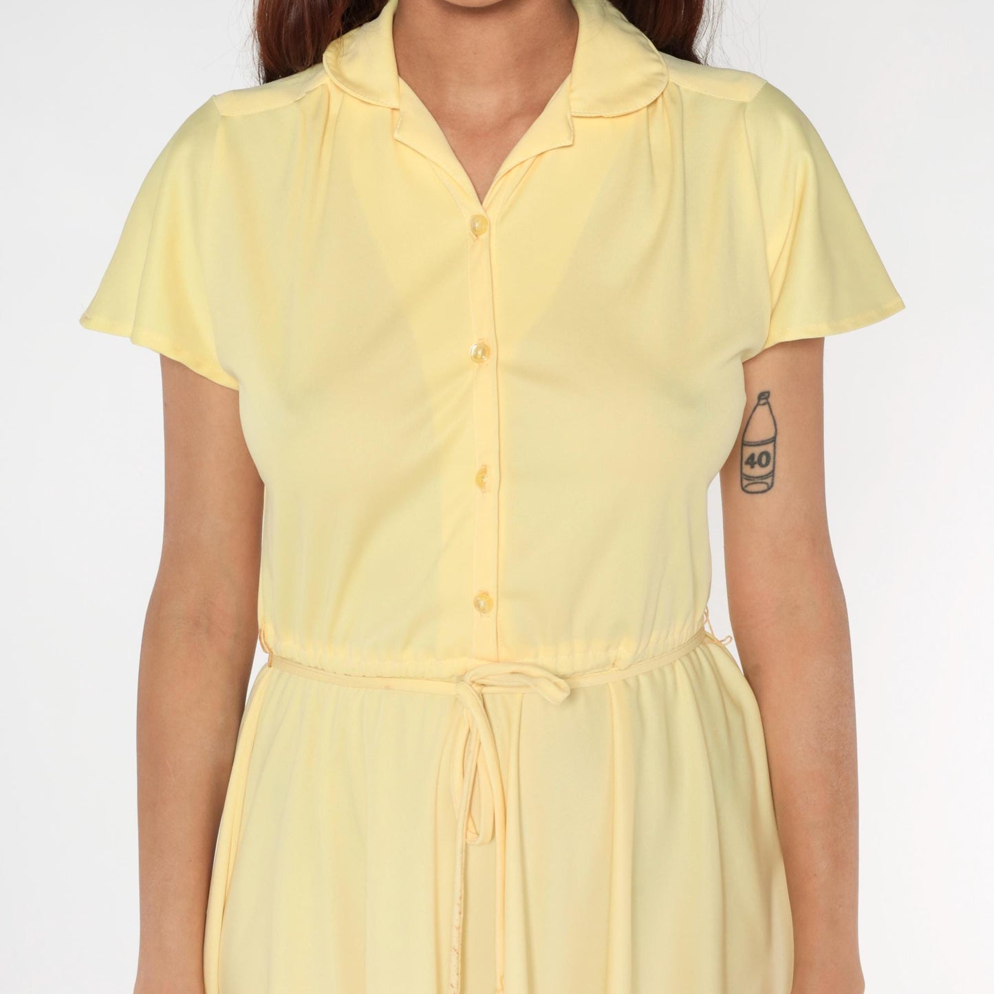 70s Union Made Pale Yellow Shirt Dress Midi Button Front Tie Belt Medium