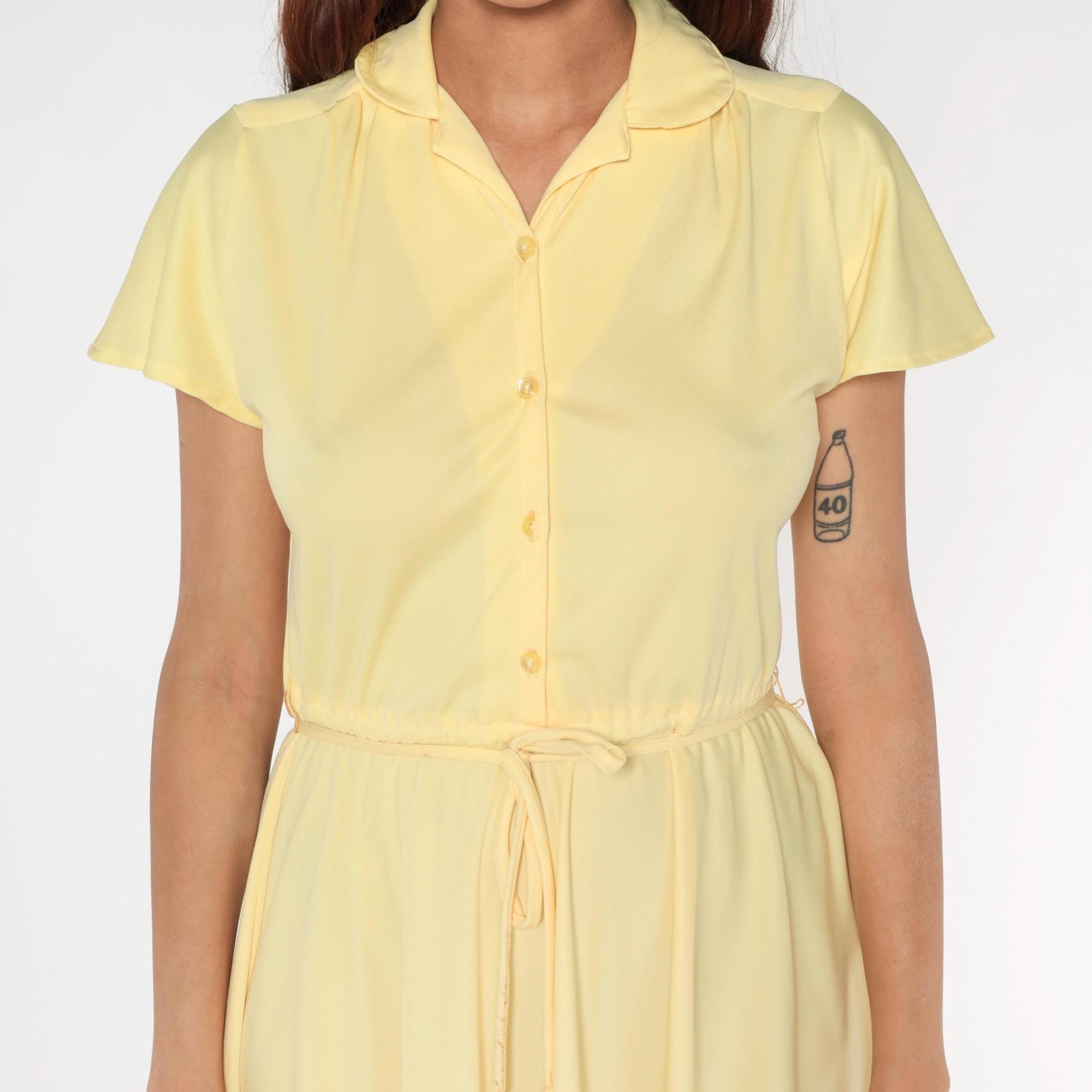 70s Union Made Pale Yellow Shirt Dress Midi Button Front Tie Belt Medium
