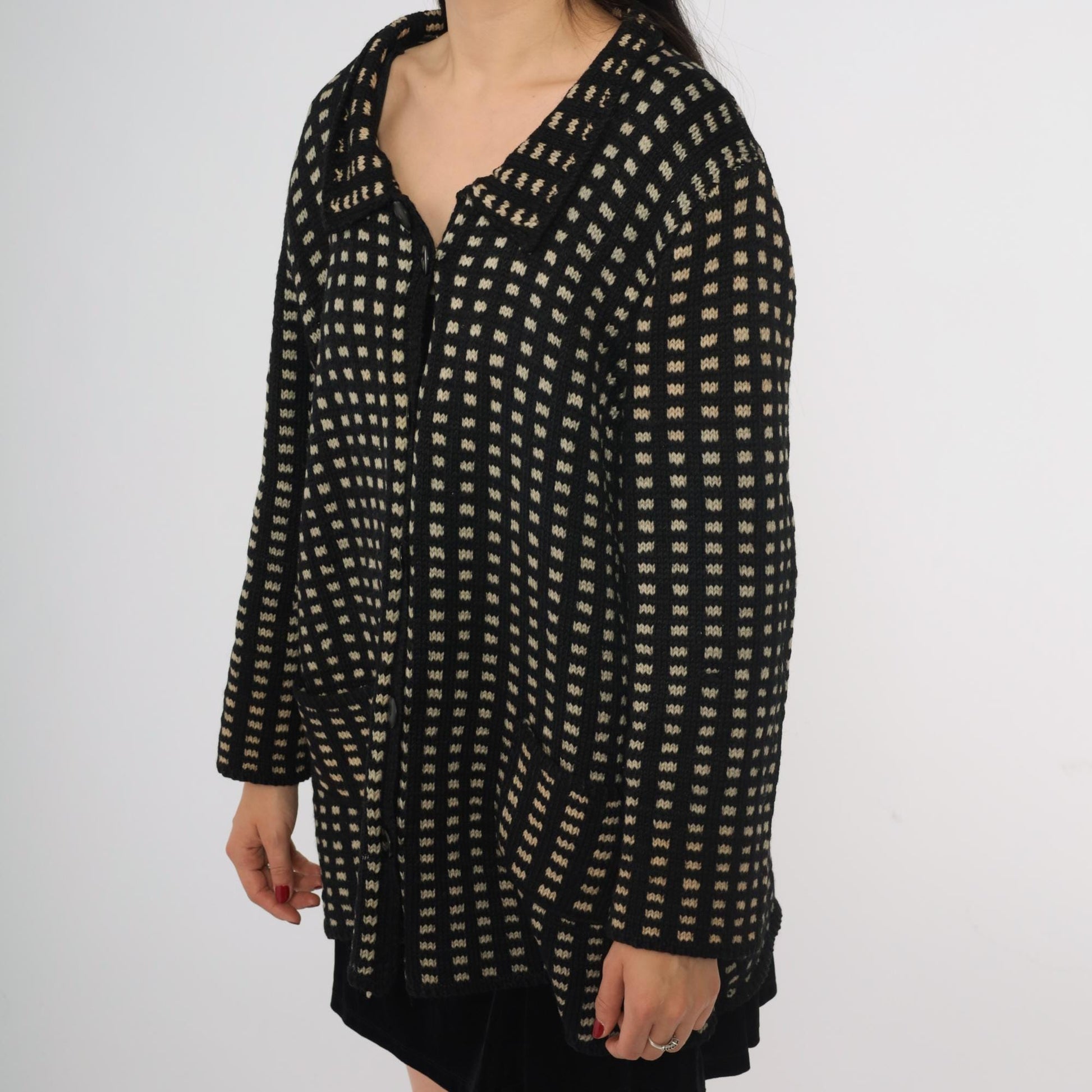 80s Black Cream Check Wool Sweater Coat Collared Cardigan Large L