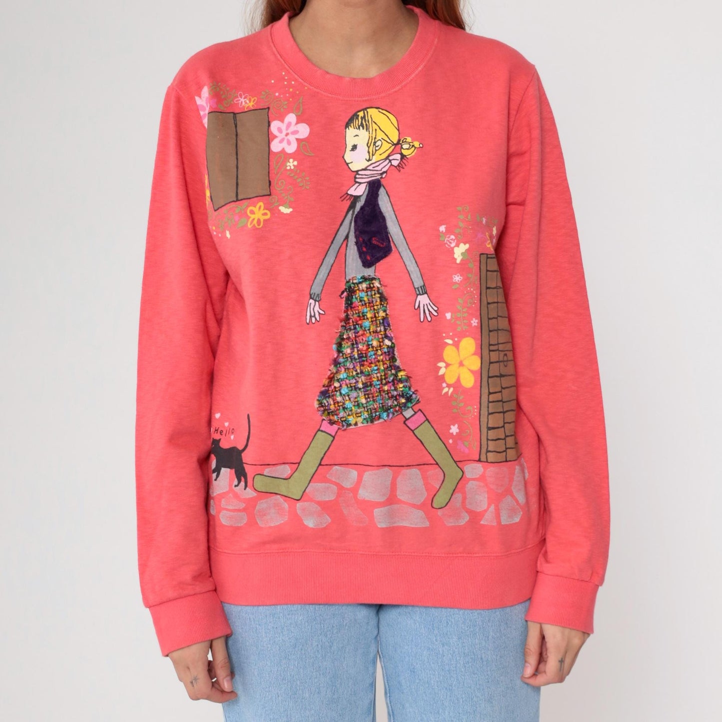 Y2K Coral Pink Sweatshirt Girl Illustration Cat Graphic Crewneck Medium M