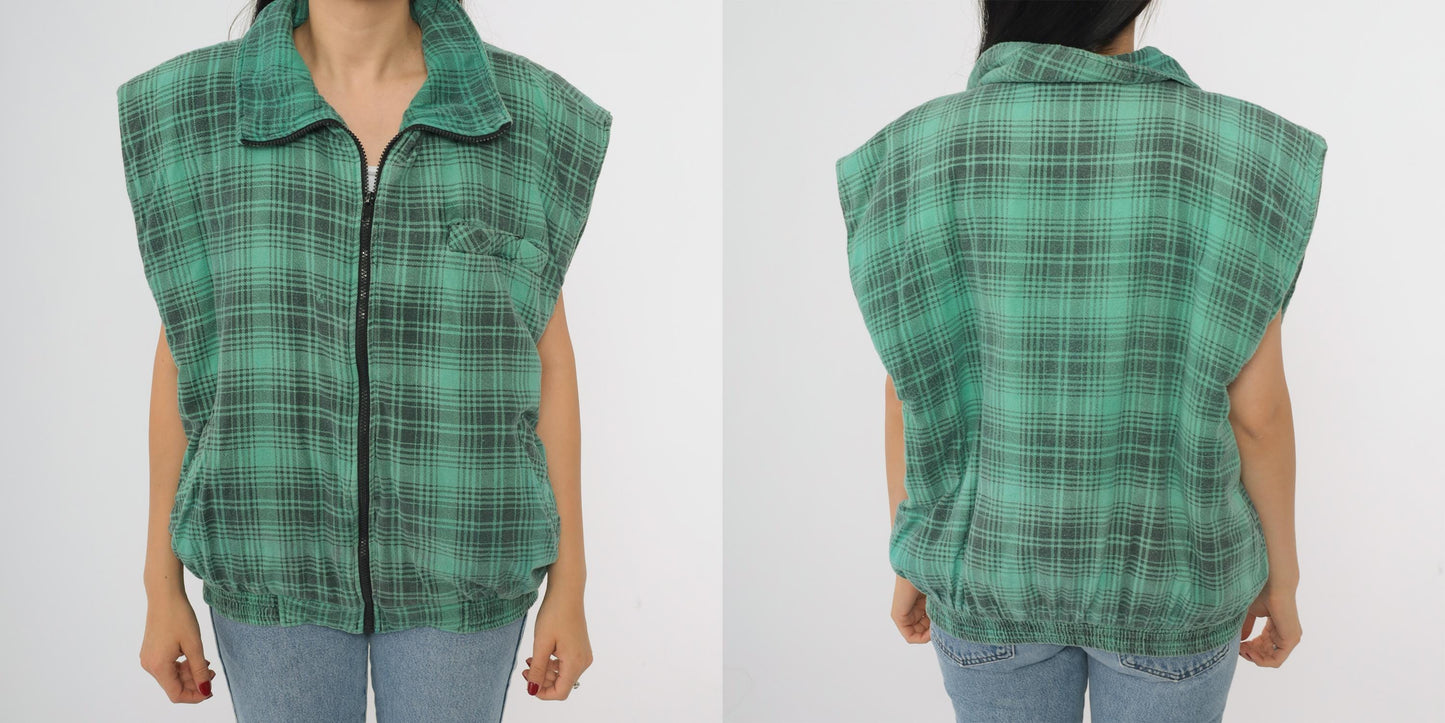 90s Northwest Territory Green Plaid Vest Tartan Zip Sleeveless Large