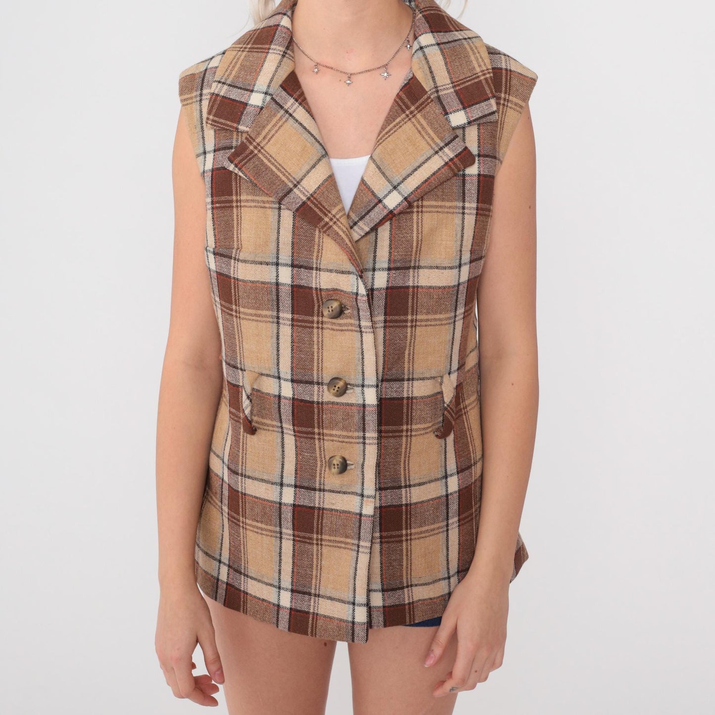 70s Plaid Wool Vest Tan Brown Double-Breasted Lapel Tailored Large L
