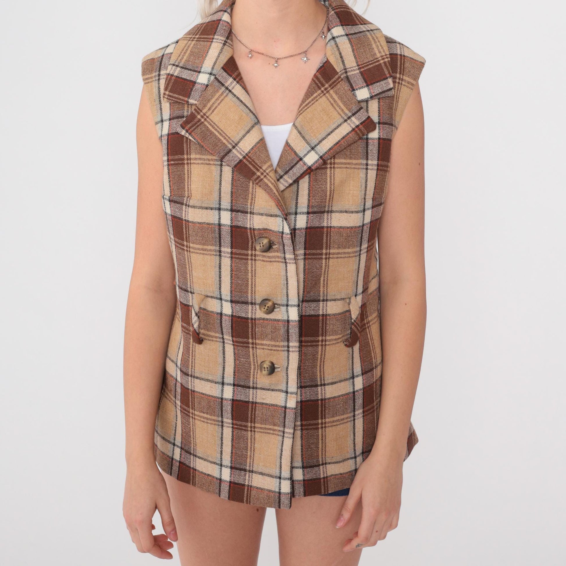 70s Plaid Wool Vest Tan Brown Double-Breasted Lapel Tailored Large L