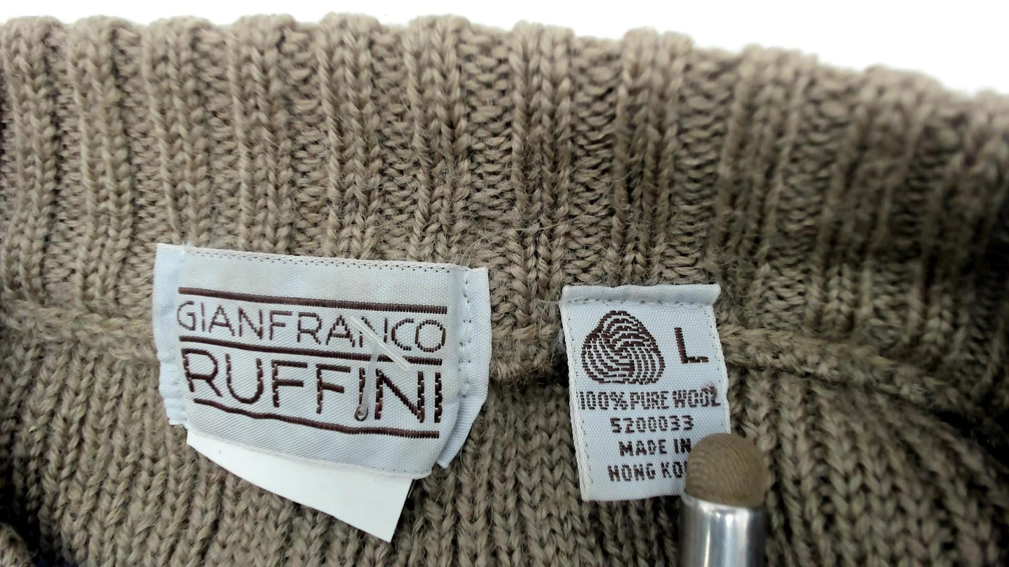 80s Gianfranco Ruffini Wool Sweater Taupe Grid Crewneck Drop Shoulder Large L