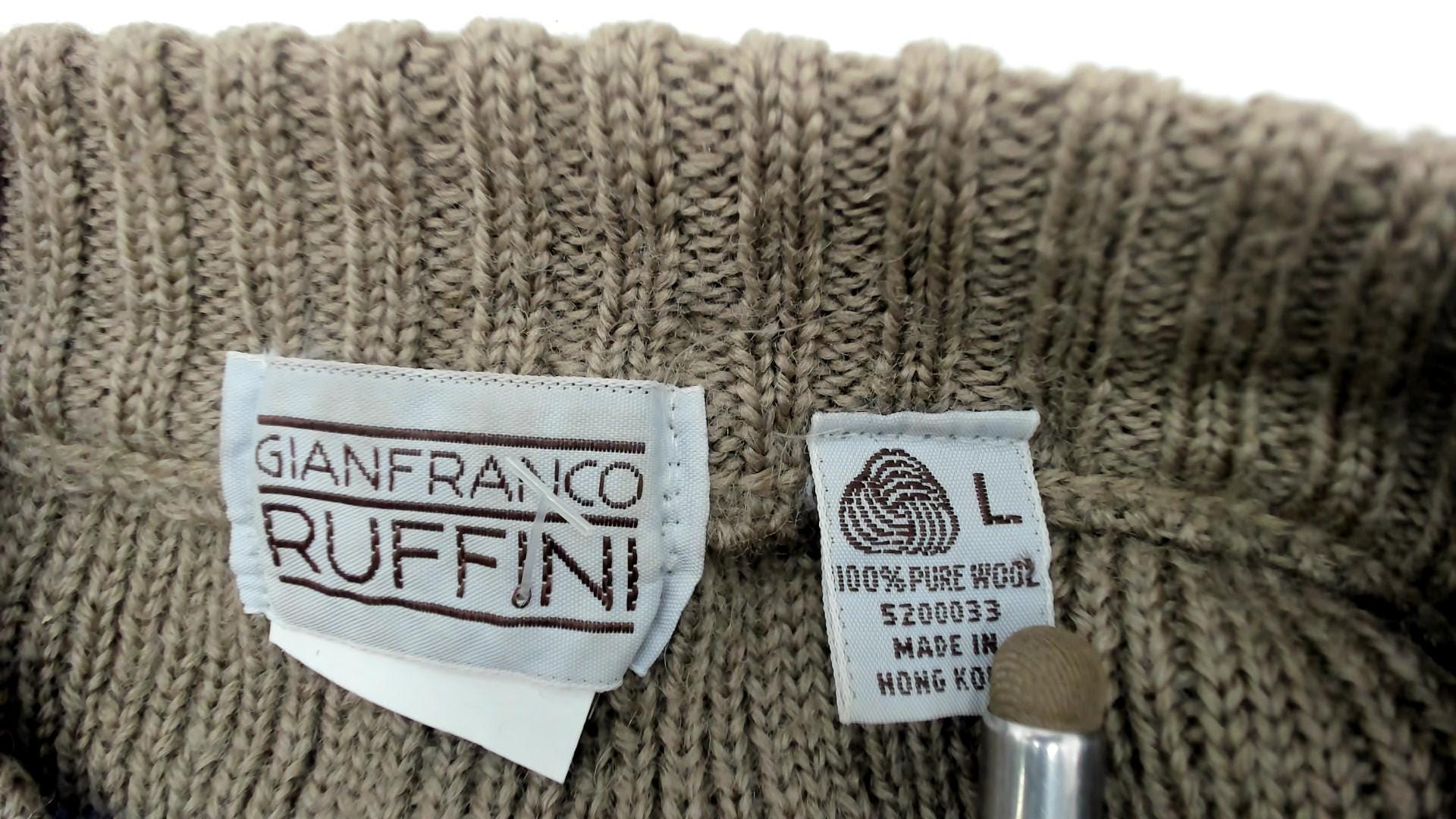 80s Gianfranco Ruffini Wool Sweater Taupe Grid Crewneck Drop Shoulder Large L