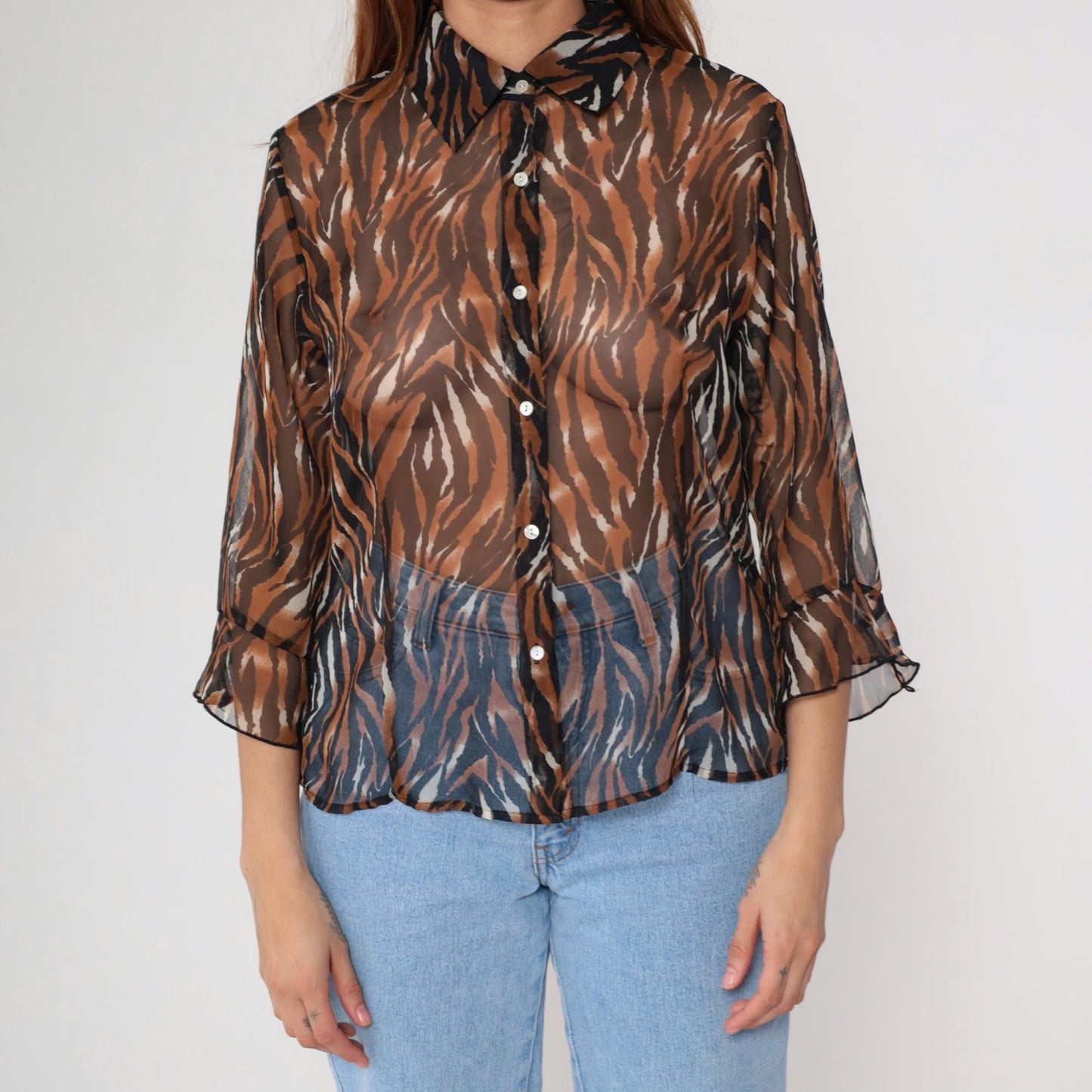 Y2K Tiger Stripe Button-Up Blouse Brown Animal Print Sheer Medium M