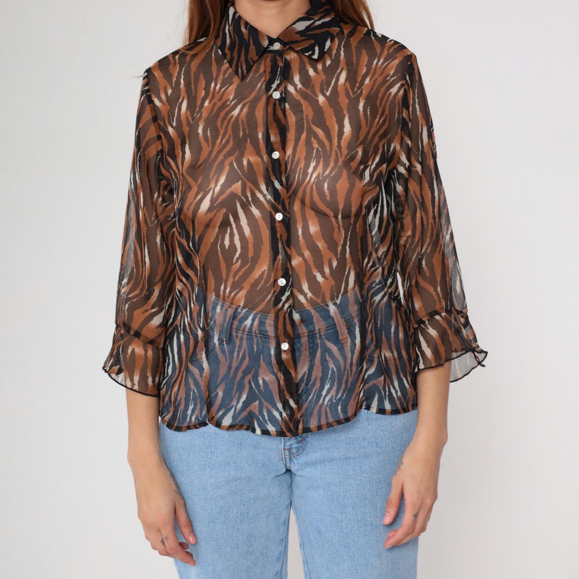 Y2K Tiger Stripe Button-Up Blouse Brown Animal Print Sheer Medium M