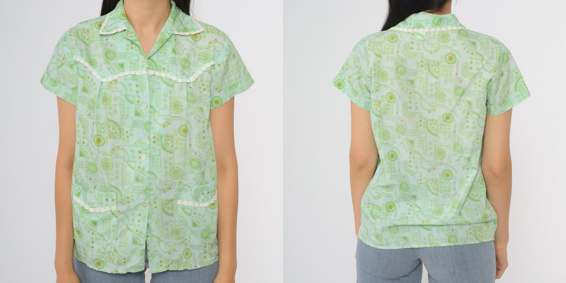 70s Sum Wah Mint Green Floral Button-Up Blouse Short Sleeve Collared Medium