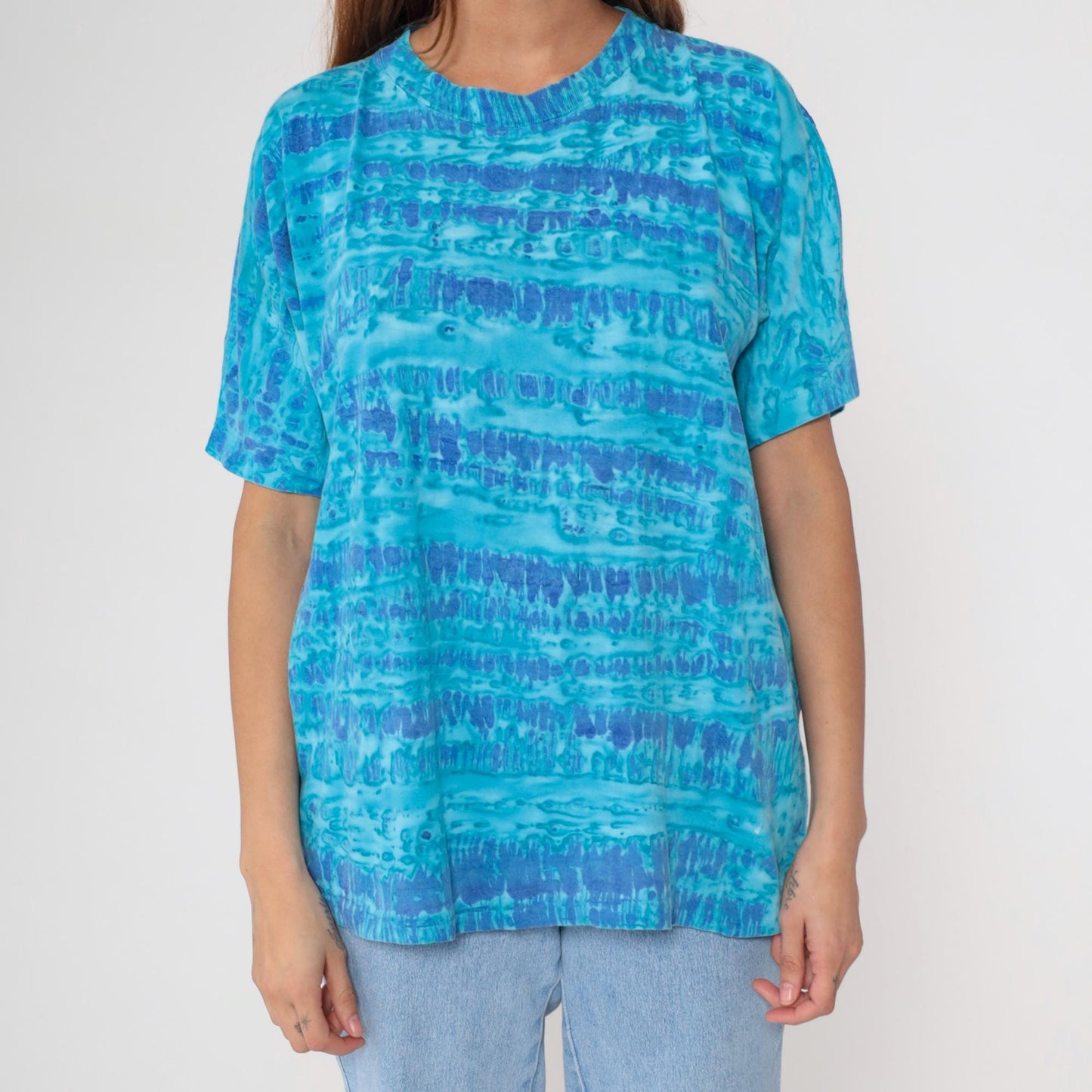 90s Blue Tie Dye Horizontal Stripe Cotton T-Shirt Crew Neck Medium