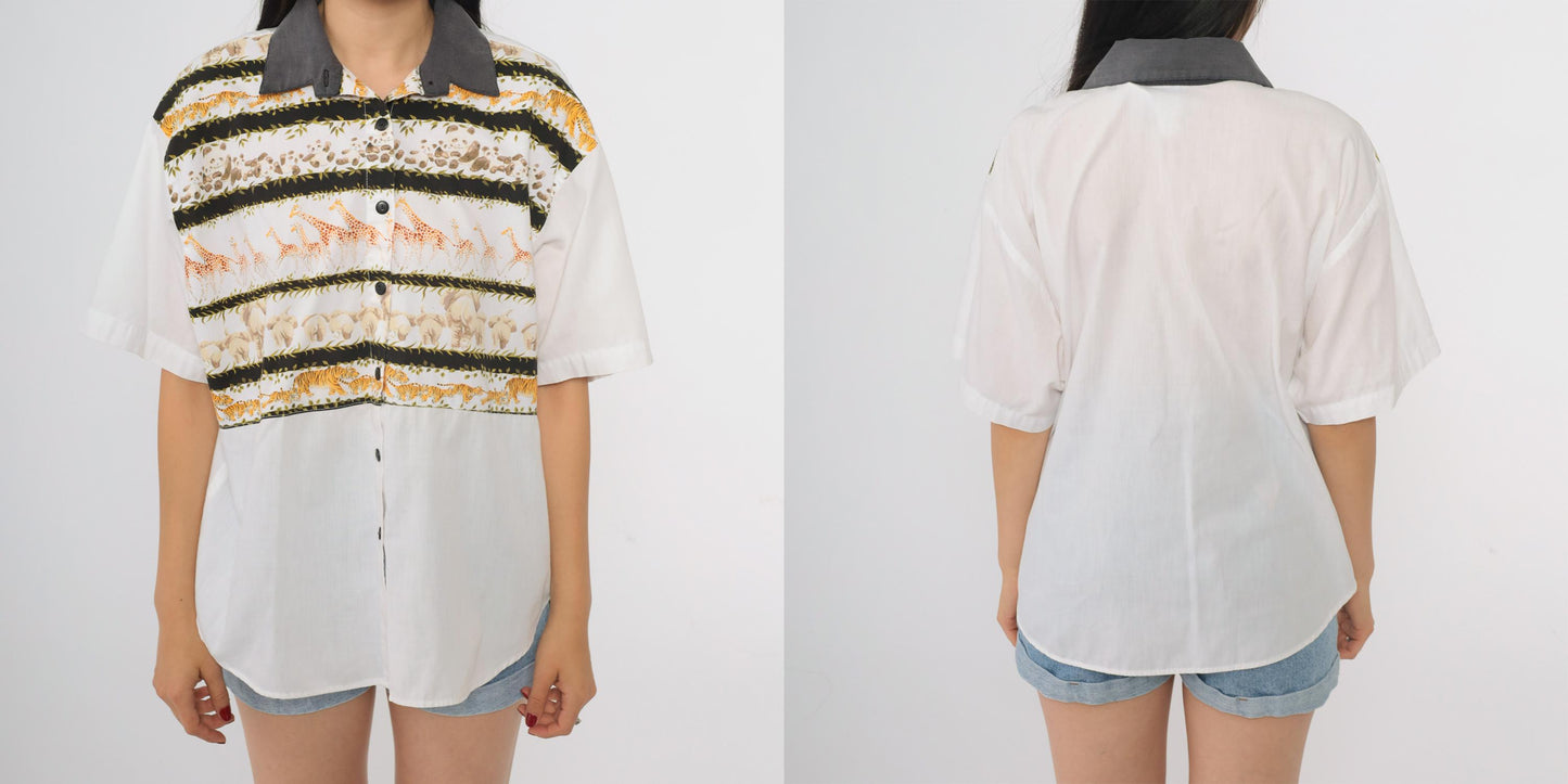 90s Tapestry Safari Animal Print Button-Up Blouse White Grey Collar Large