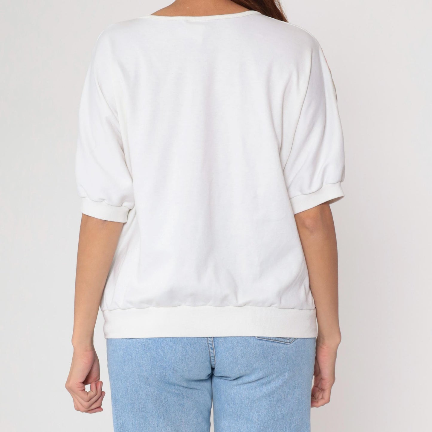 90s Pastel Chevron Colorblock Sweatshirt White Pink Blue Short Sleeve Medium