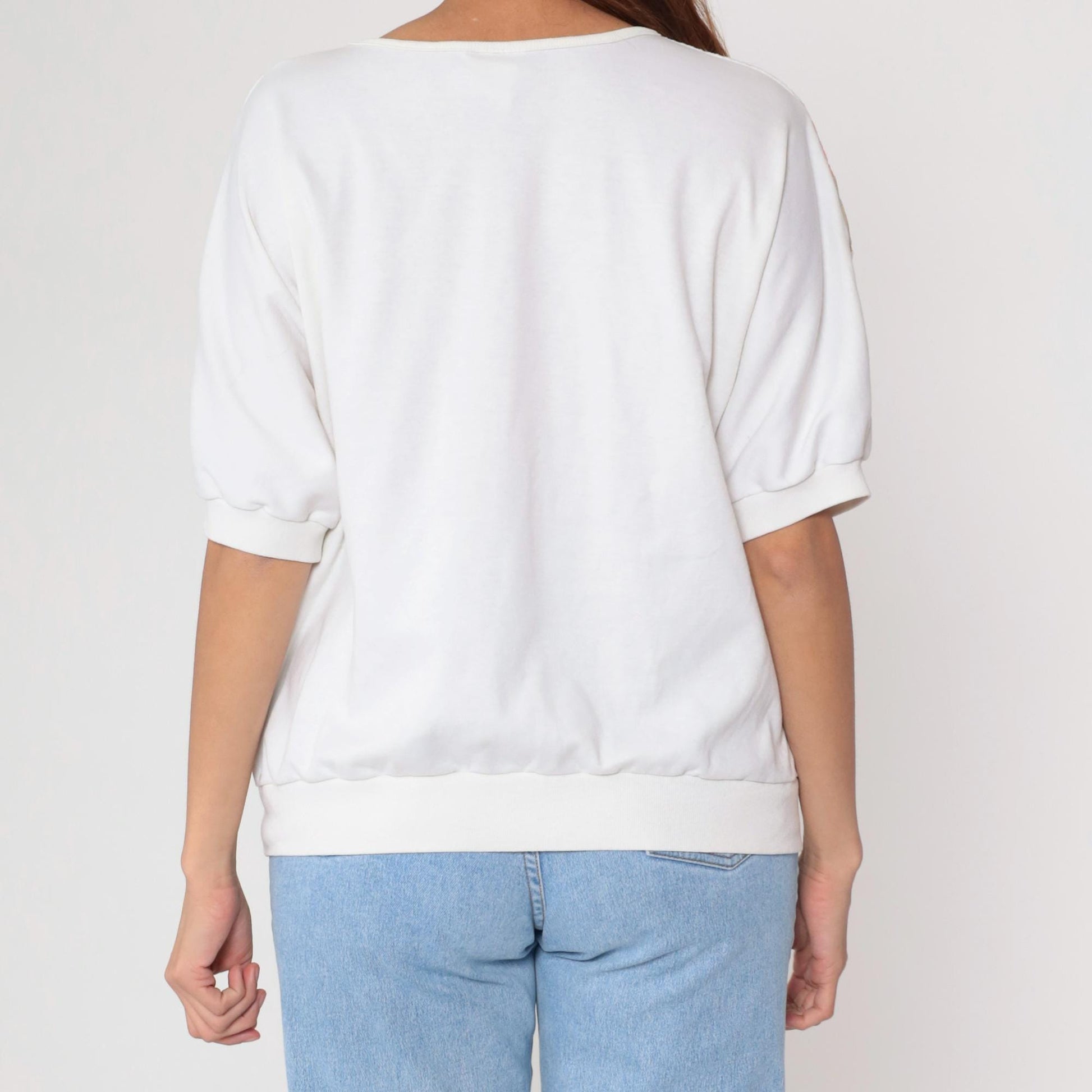 90s Pastel Chevron Colorblock Sweatshirt White Pink Blue Short Sleeve Medium
