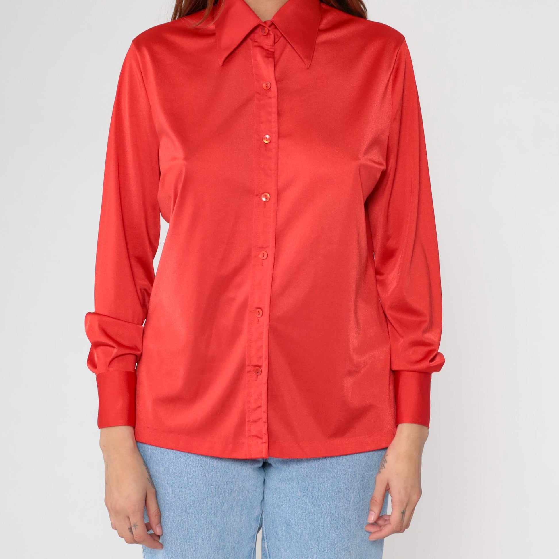 70s Coral Red Polyester Satin Button Up Blouse Pointed Collar Long Sleeve Medium M