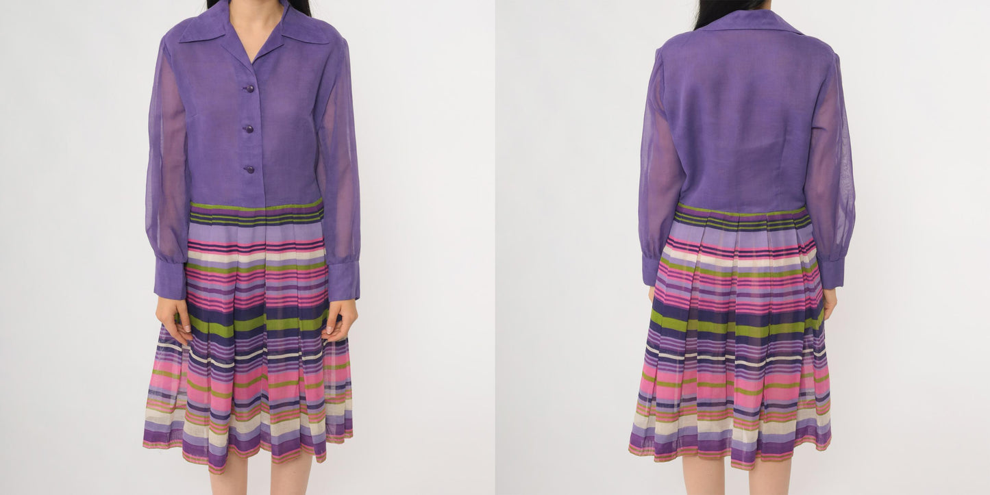 60s Rainbow Stripe Chiffon Midi Dress Button Front Long Sleeve Multicolor Large
