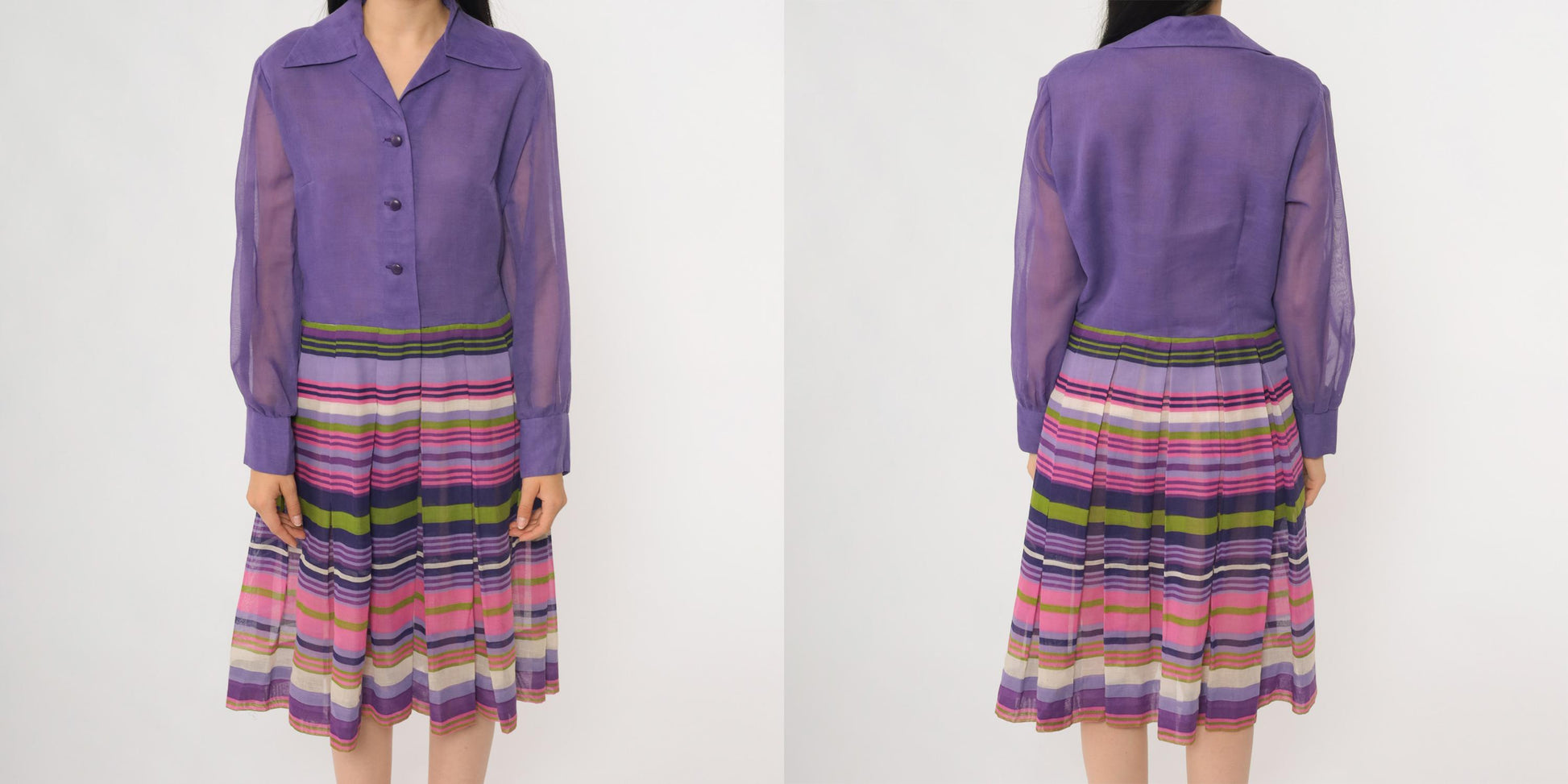 60s Rainbow Stripe Chiffon Midi Dress Button Front Long Sleeve Multicolor Large