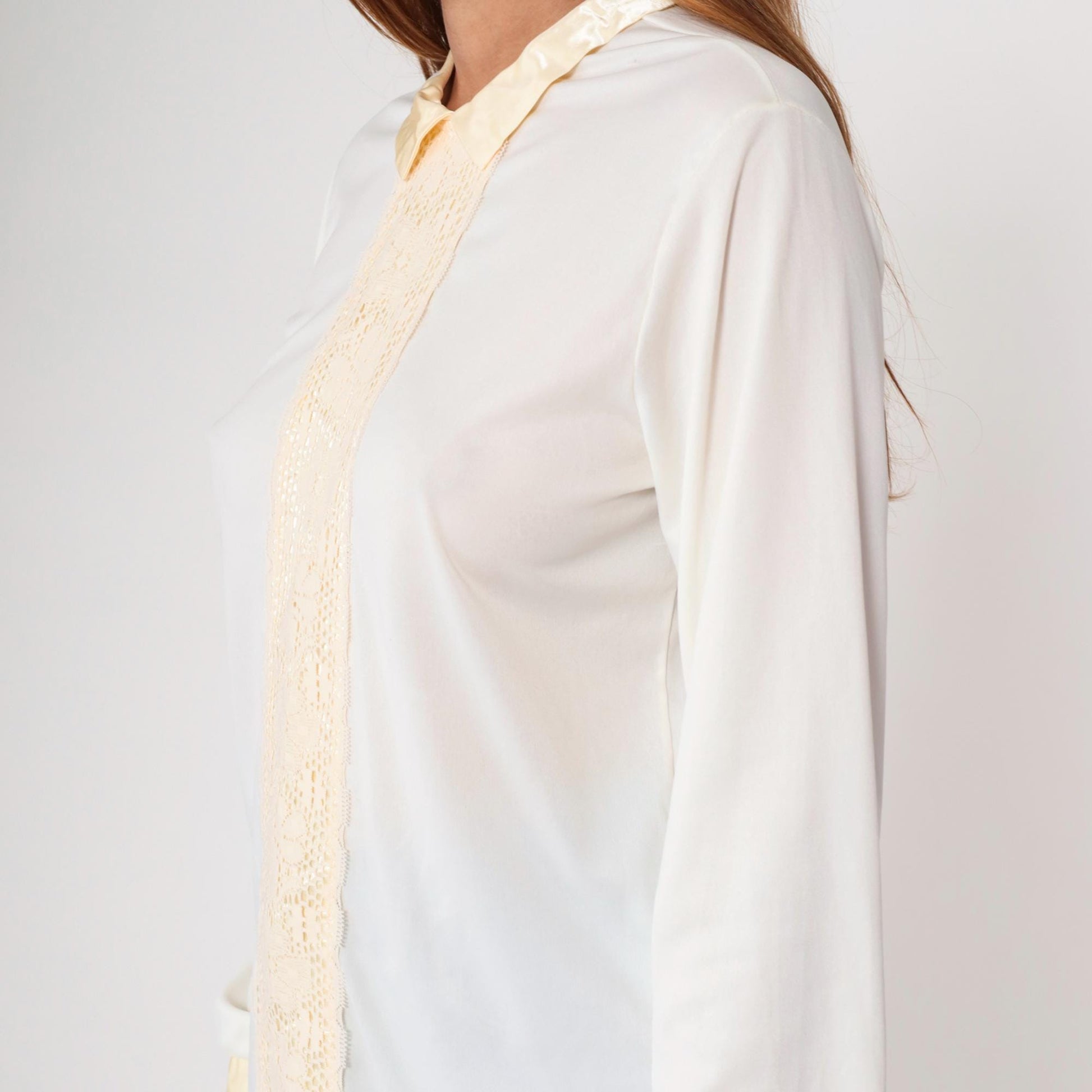 70s White Cream Lace Prairie Blouse Button Up Long Sleeve Medium M
