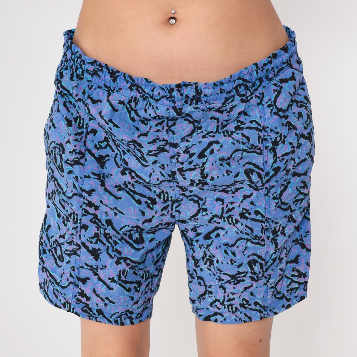 90s Athletic Works Abstract Swim Trunks Blue Purple Black Nylon Medium