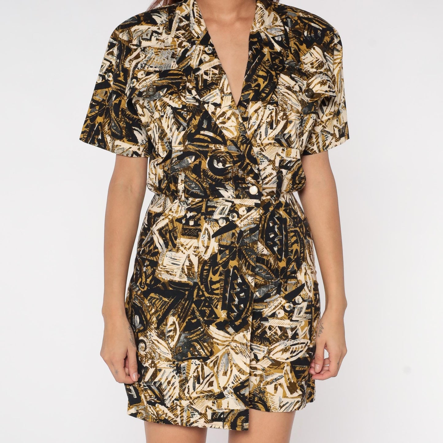 90s My Michelle Safari Print Romper Black Gold Abstract Geometric Medium M